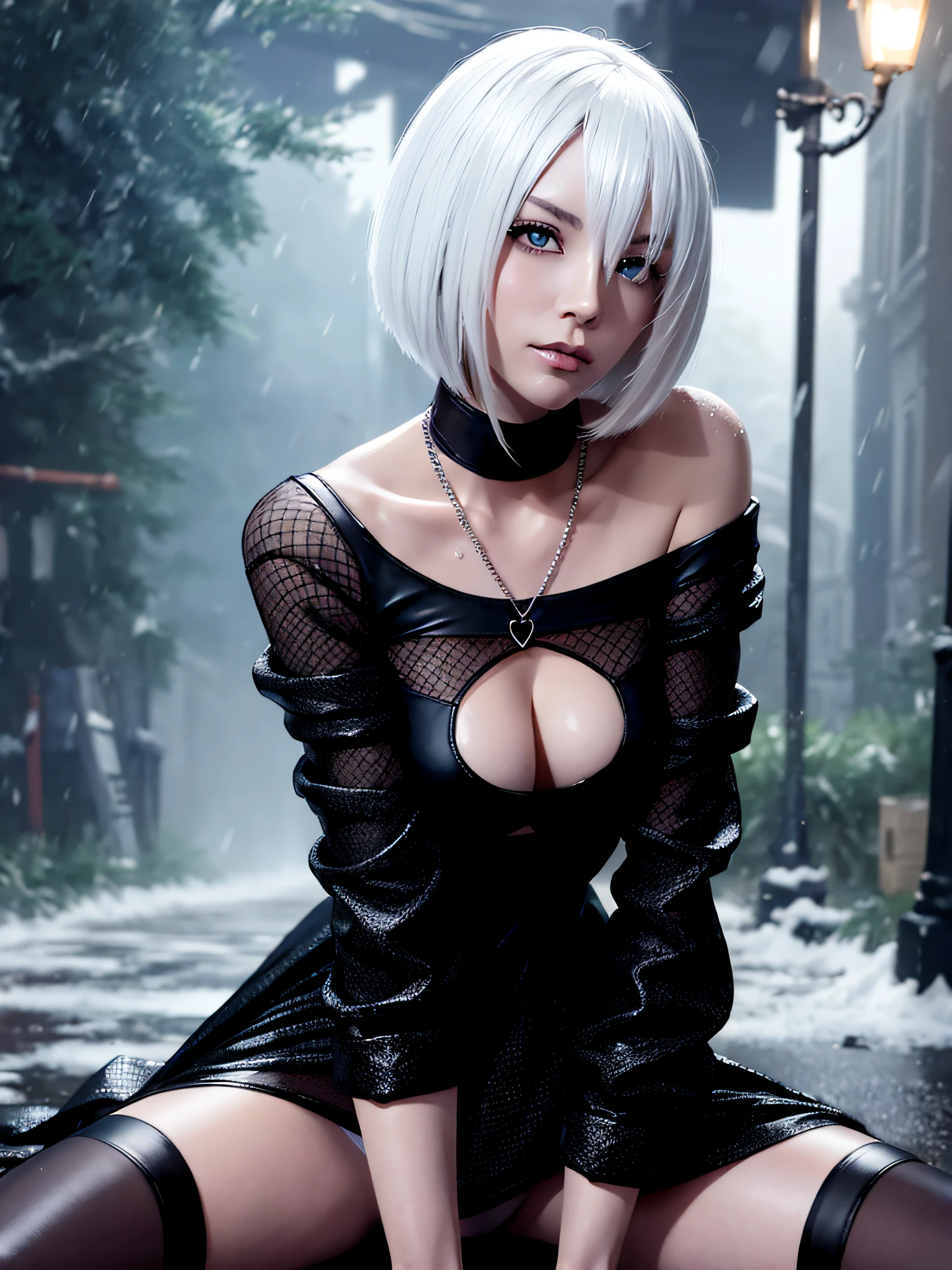 tall girl with fangs sitting in the street at night, snow on the ground, wet clothes, seductive, beauty spot on chin, wearing a loose oversized jacket, off the shoulder, fishnet leggings, wearing an oversized dress, wearing a long loose white shirt, sexy thighs, side pose, small mole on the chin, blushing, neon lights in the background, detailed background, raining, long sleeves, neck choker with necklace, long necklace, evil look, detailed digital anime art