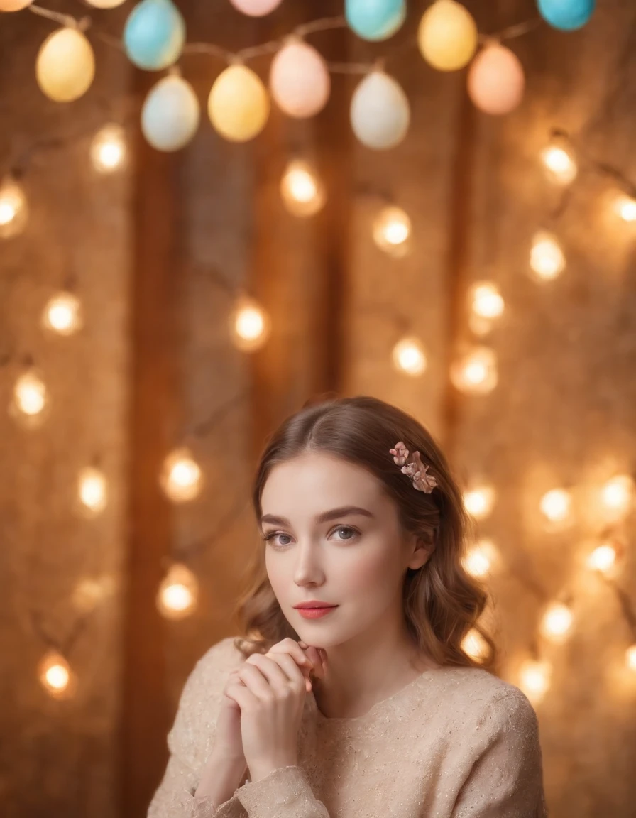 Girl dressed in retro style, Easter photo with Easter eggs behind her, Easter lights, colored lights, background lights, bokeh style, half long shot, high quality photo, (close-up)