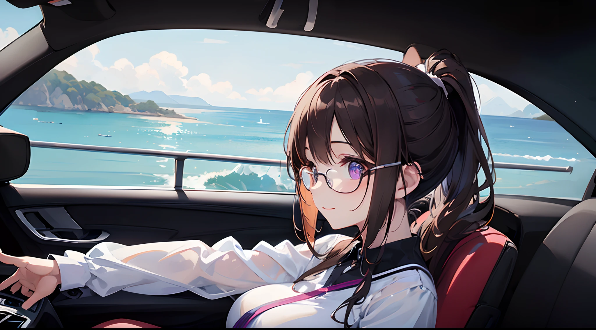 ((masterpiece)), ((best quality)), (ultra-detailed), ((kawaii)), cute, (lovely), ((sexy)), (ero), ((extremely detailed)), 4K, (8K), best quality, (beautiful), anime style, upper body, face in profile, focus on the face, ocean, a cute girl, 1girl, solo, (((driving a car:1.5))), ((driving on the roads near seaside)), miniskirt, beautiful dark brown hair, beautiful purple eyes, ((beautiful eyes with highlights )), white-skinned, ponytail, transparent hair, translucent hair, large breast, glasses, smile, wind effect, reflection effect