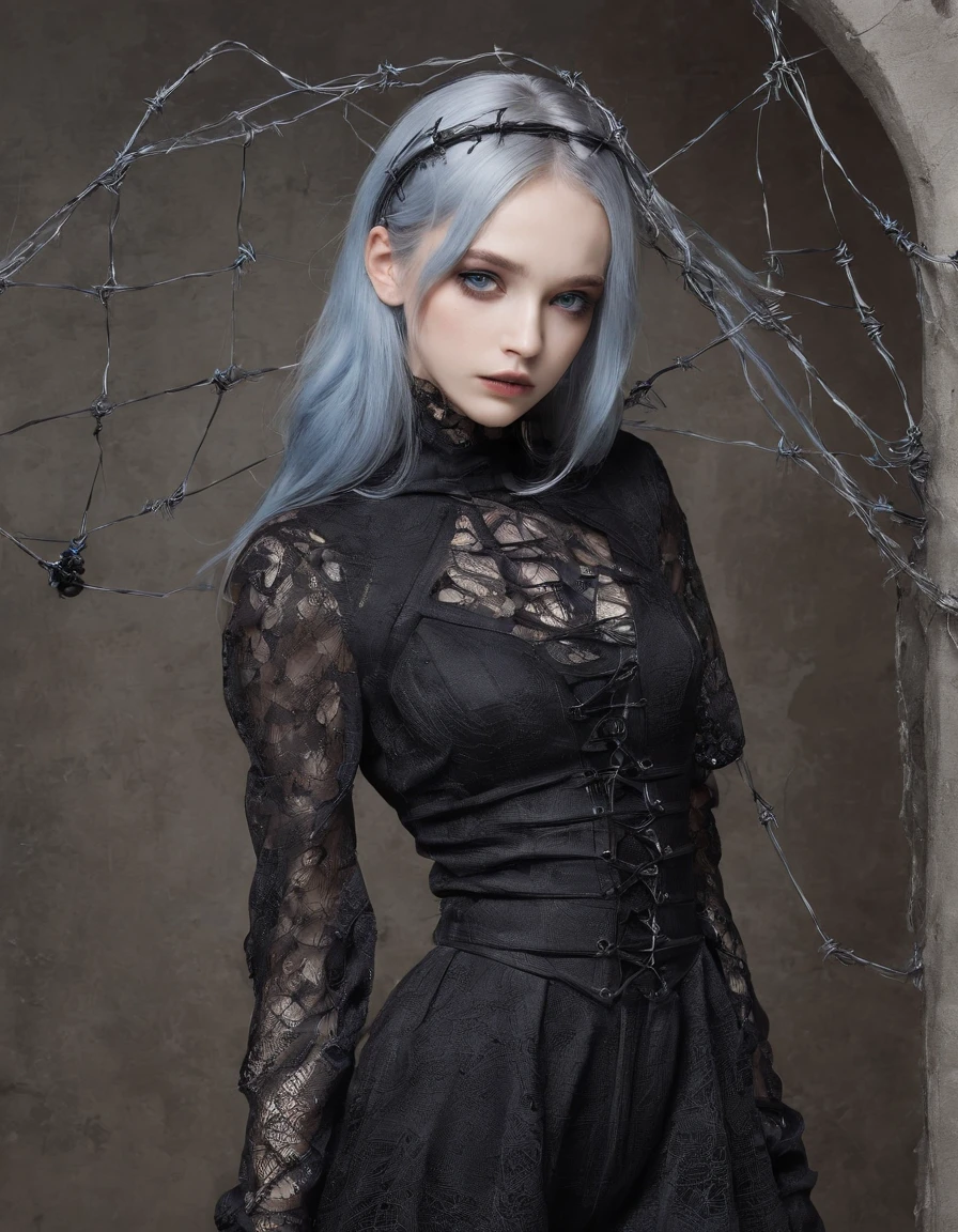 Girl in symbolic clothes of Gothic net,10yaers old、独奏、full body Esbian、 。.。.com (Barbed wire for the body) brunette color hair，Gray hair ends、Blue eyes、