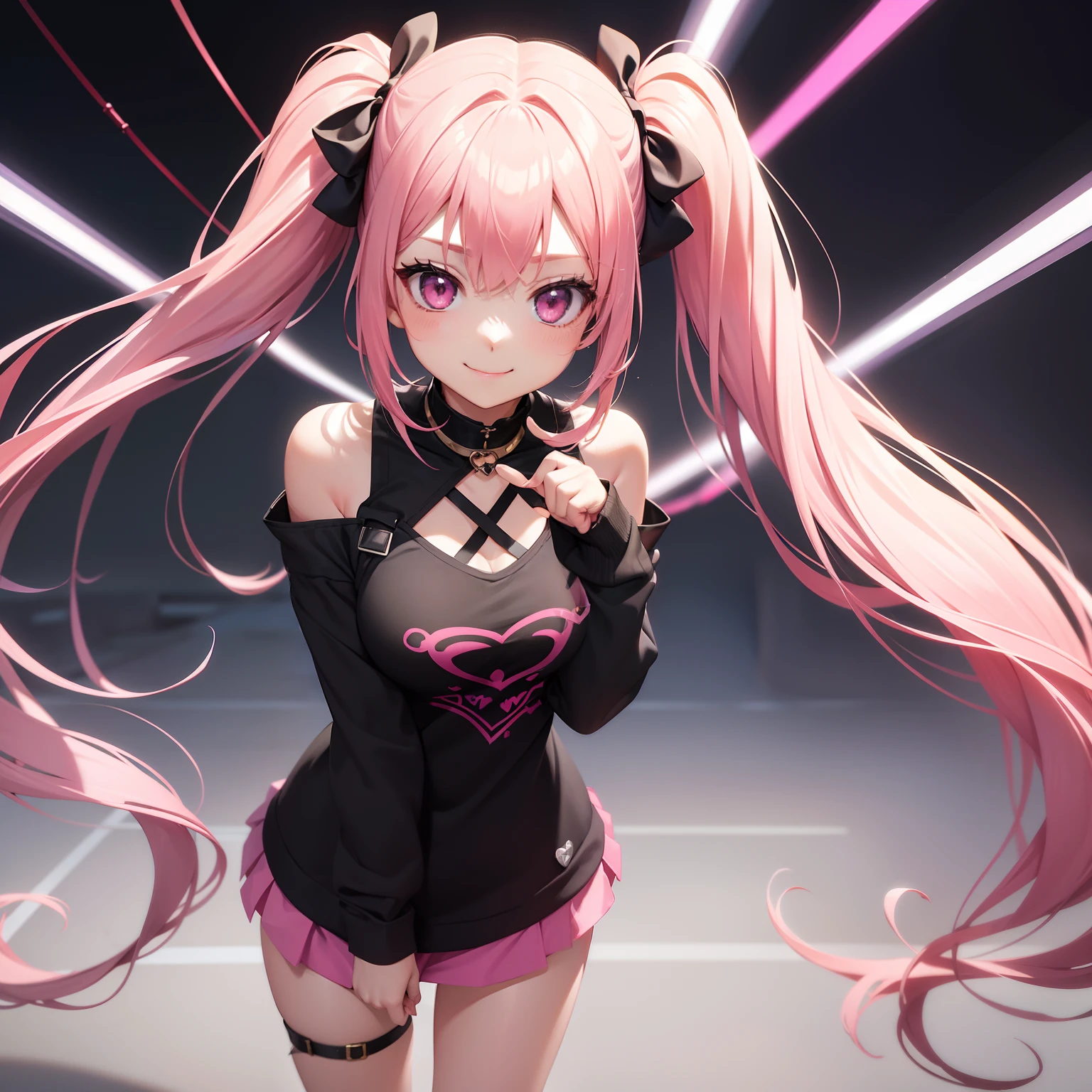 full body Esbian, masutepiece: 1.2, Highest Quality), (Live-action, elaborate details), (1 Lady, Solo, Upper body,) Clothing: Edgy, Black long jumper, pink miniskirt, long hair with pink twin tails,,,,、Avant-garde, Experimental appearance: Long pink twin tail hair 、Heart-shaped choker、The location: bustling city、Solo, Nice smile、Value Creation in Mixed Media Art: individuality, authenticity, Creative expression