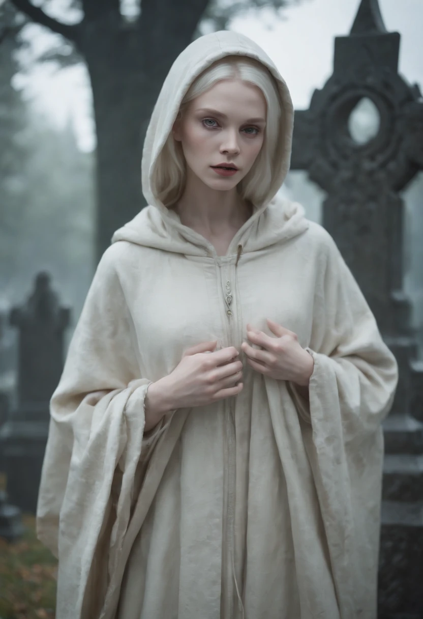Create a CG anime-style image of a pale-skinned albino necromancer character wearing a beige hooded overcoat in a misty cemetery,Depict the character amidst tombstones and gravestones, with a gloomy atmosphere, on a moonlit night with puddles of water reflecting the moonlight,Use (((intricate details))), (((highest quality))), and an (((extremely detailed composition))),Utilize a color palette that emphasizes the eerie and mystical ambiance of the sceneupper body
