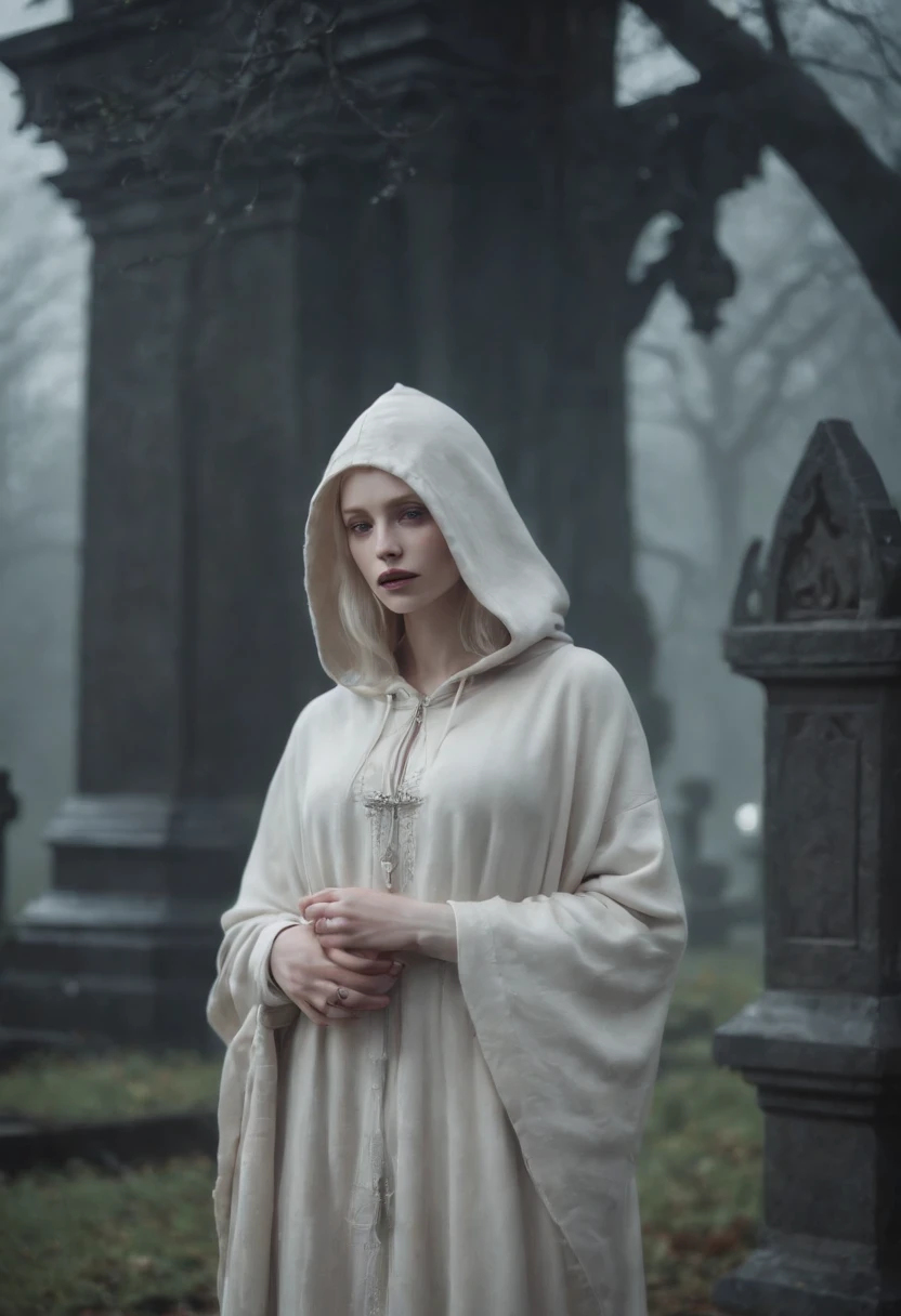 Create a CG anime-style image of a pale-skinned albino necromancer character wearing a beige hooded overcoat in a misty cemetery,Depict the character amidst tombstones and gravestones, with a gloomy atmosphere, on a moonlit night with puddles of water reflecting the moonlight,Use (((intricate details))), (((highest quality))), and an (((extremely detailed composition))),Utilize a color palette that emphasizes the eerie and mystical ambiance of the sceneupper body