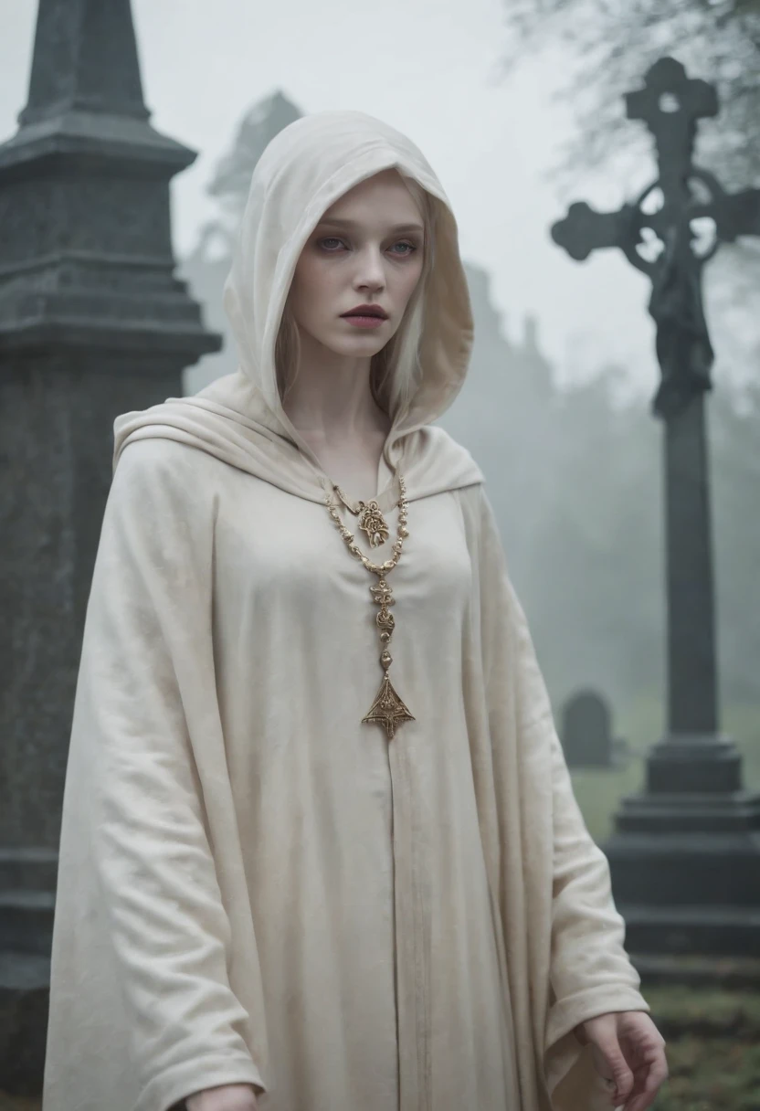 Create a CG anime-style image of a pale-skinned albino necromancer character wearing a beige hooded overcoat in a misty cemetery,Depict the character amidst tombstones and gravestones, with a gloomy atmosphere, on a moonlit night with puddles of water reflecting the moonlight,Use (((intricate details))), (((highest quality))), and an (((extremely detailed composition))),Utilize a color palette that emphasizes the eerie and mystical ambiance of the sceneupper body