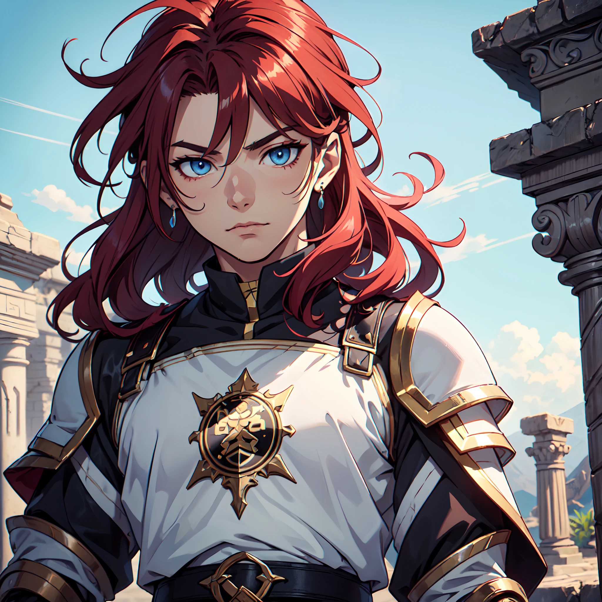 Ultra High Definition, Ultra High Quality, Extremely Detailed, Perfectly Detailed, Masterpiece, 8k, 1 Boy, Look A Like Xin From Kingdom Anime, Handsome, Equipped With Black Paladin Armor, Solid Light Blue Eyes, Long Red Hair, Body Shot, Ancient Kingdom Background