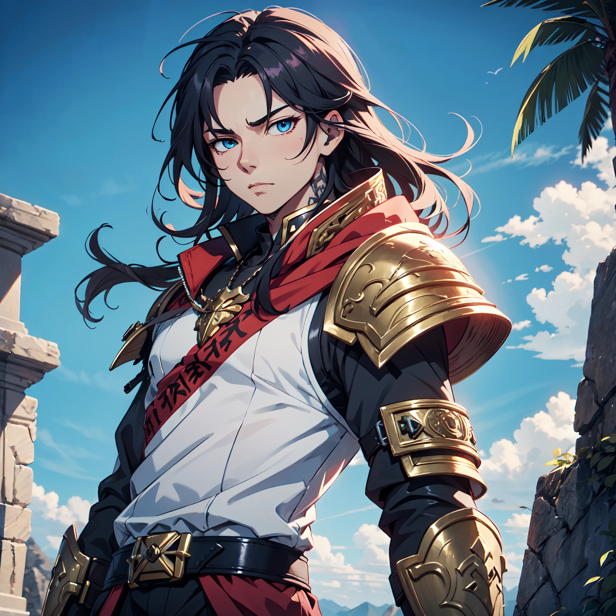 Ultra High Definition, Ultra High Quality, Extremely Detailed, Perfectly Detailed, Masterpiece, 8k, 1 Boy, Look A Like Xin From Kingdom Anime, Handsome, Equipped With Black Paladin Armor, Solid Light Blue Eyes, Long Red Hair, Body Shot, Ancient Kingdom Background