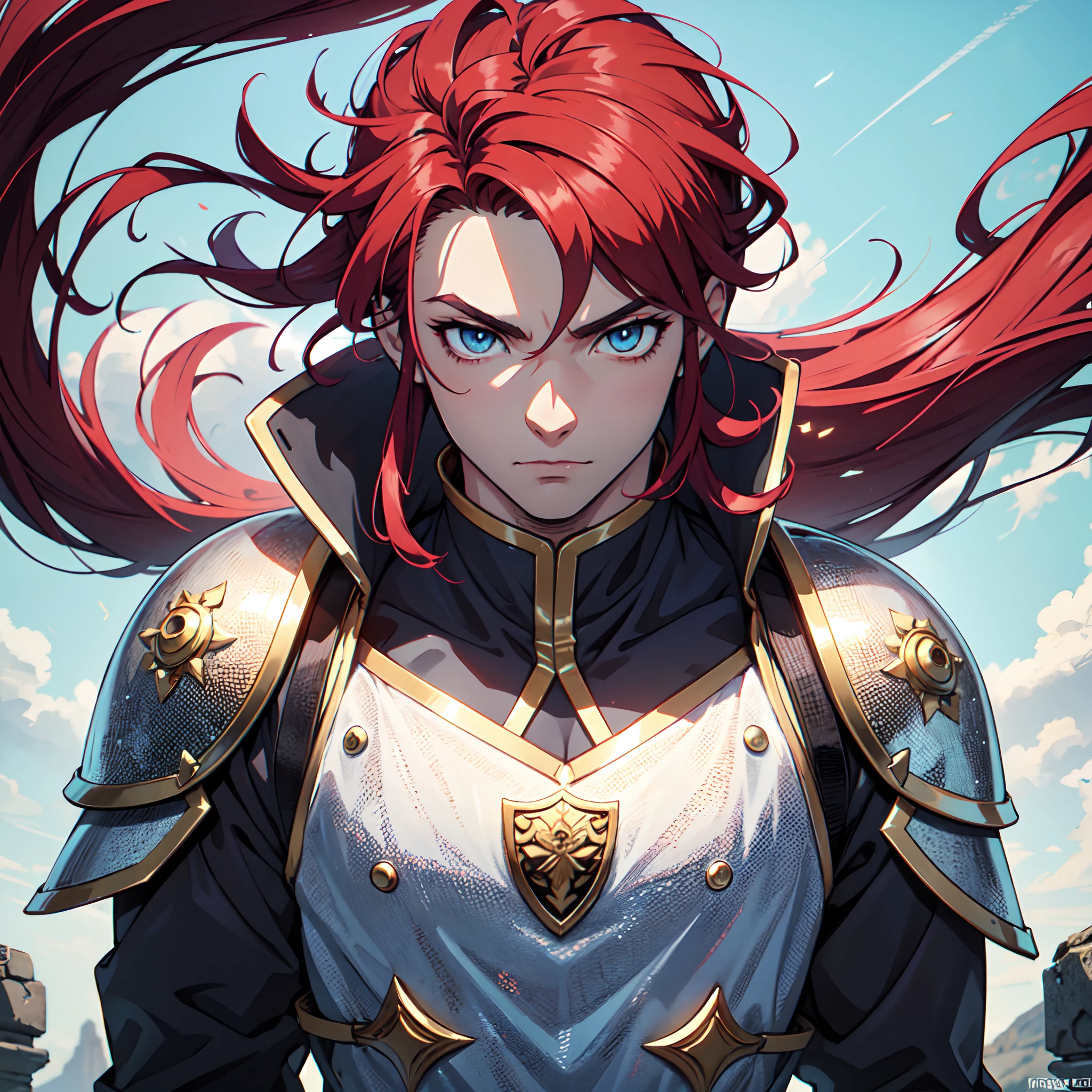 Ultra High Definition, Ultra High Quality, Extremely Detailed, Perfectly Detailed, Masterpiece, 8k, 1 Boy, Look A Like Xin From Kingdom Anime, Handsome, Equipped With Black Paladin Armor, Solid Light Blue Eyes, Long Red Hair, Body Shot, Ancient Kingdom Background
