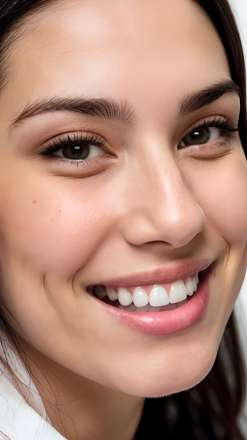 smiling woman with long black hair and a white shirt, close up face, without makeup, round teeth and goofy face, beautiful and smiling, smiling and looking directly, face is brightly lit, close up of face, she is smiling and excited, smooth facial features, beautiful smiling face, with cute doting eyes, closeup headshot, relaxed eyebrows