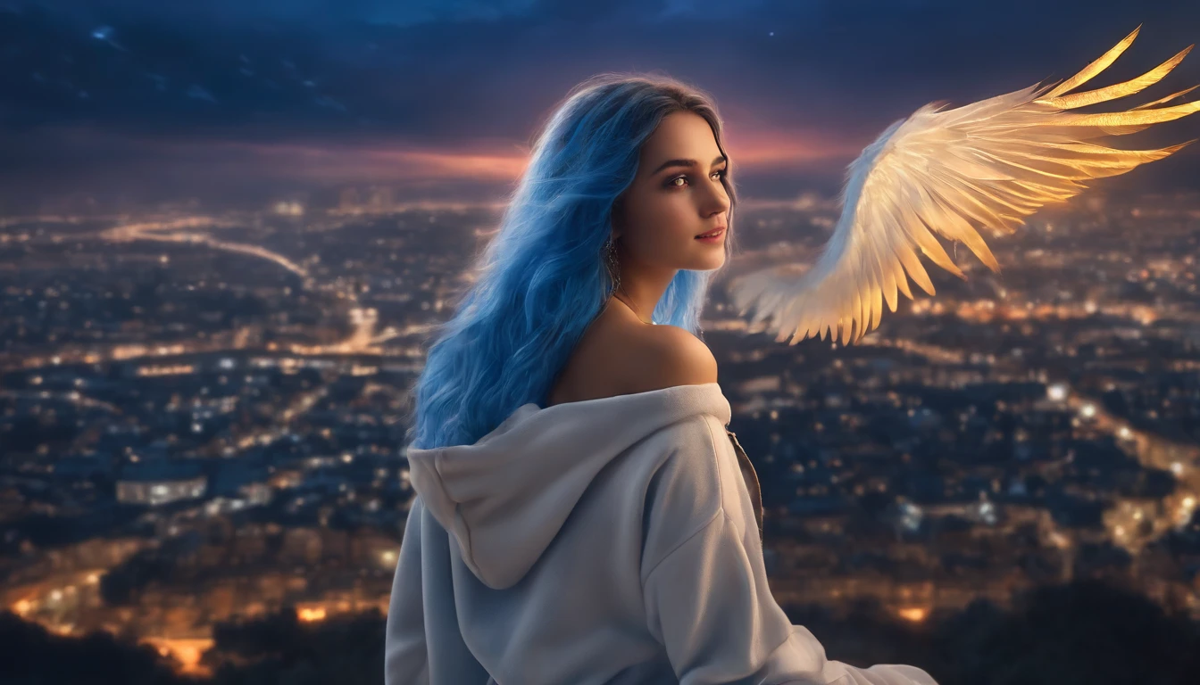 "image quality: 8K (Best Quality Scale: 1.2), artstyle: Realistic, Photorealistic factor: 1.37, Clarity: extra high resolution, subject:a 1girl, flying over a stunning cityscape ,hoodie,Blue hair, Neon color of shooting stars, extra very long hair, off-shoulder, Decoration of hair feathers, neon colors, Flashes, Stunning night sky,  girl (16yo), ble Features: nice smile, closed mouth, exquisite details, Beautiful nose, composition: full - body, wet hair,, context: Among the colossal Dalcefo, Huge angel wings, Very detailed;