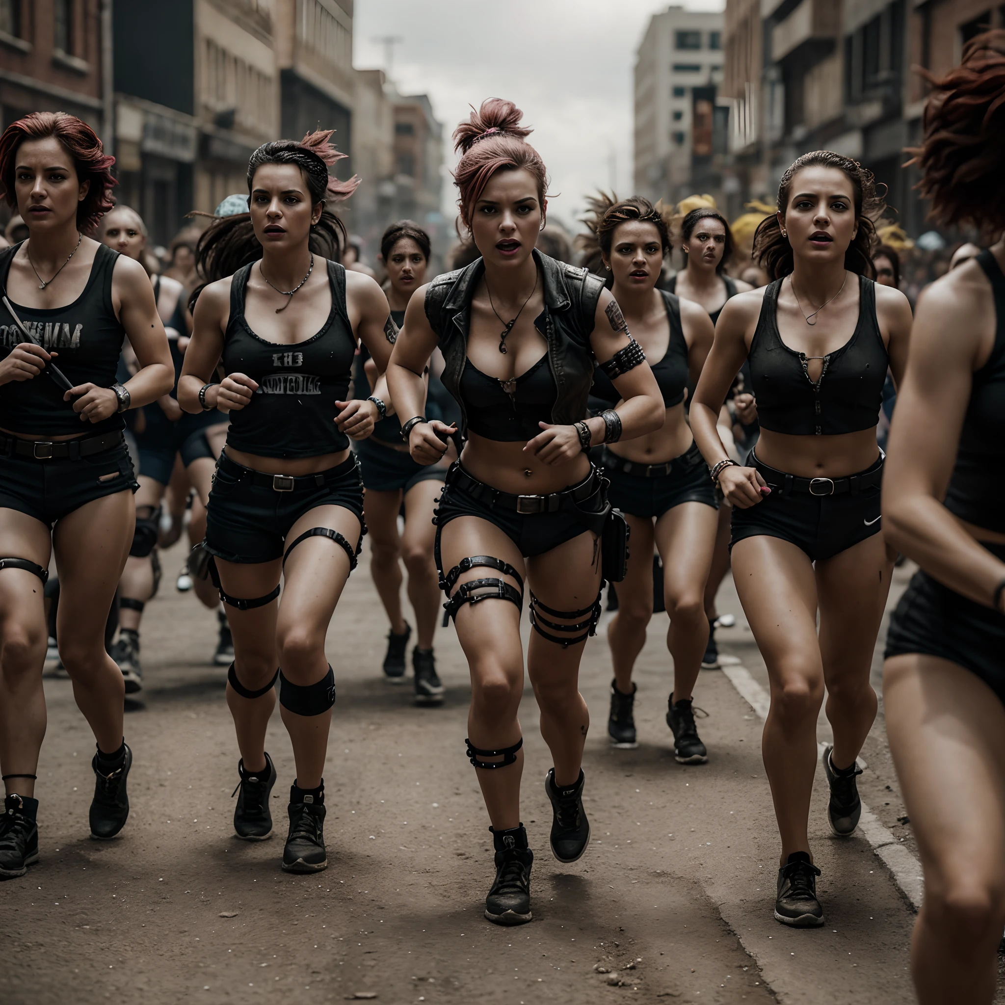 crowd of women runs, extremely detailed, 8K, apocalyptic punk style, miniatures, macro photography in close-up