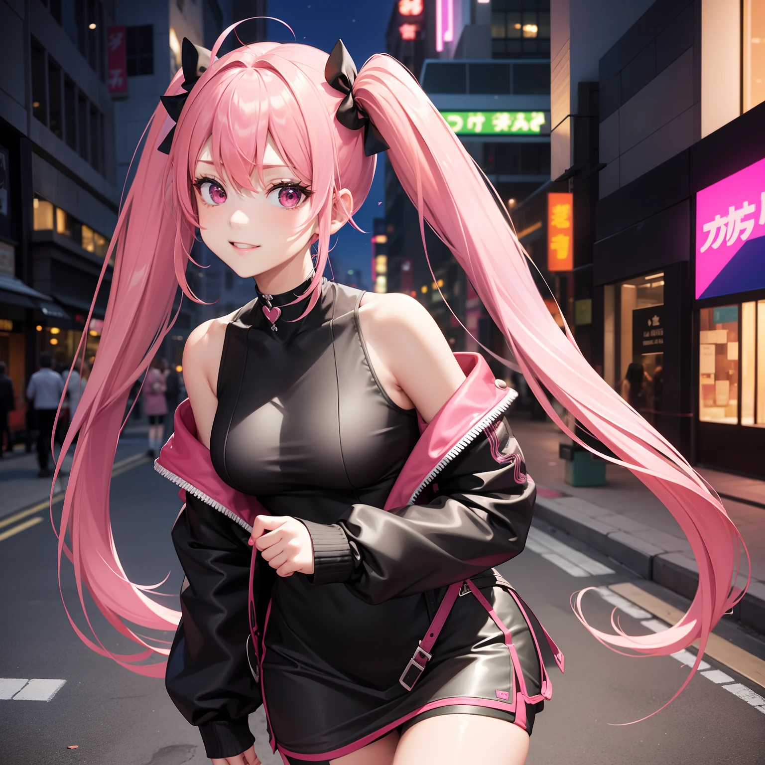 a woman with a cold coat, pigtails, pink hair with gray bangs, pink eyes, smiling, big breasts, toned thighs, in a park at night with a snack bar in the background, just one woman, solo,HDR, ultra resolution, very detailed, masterpiece, ultra quality, 4K HD.