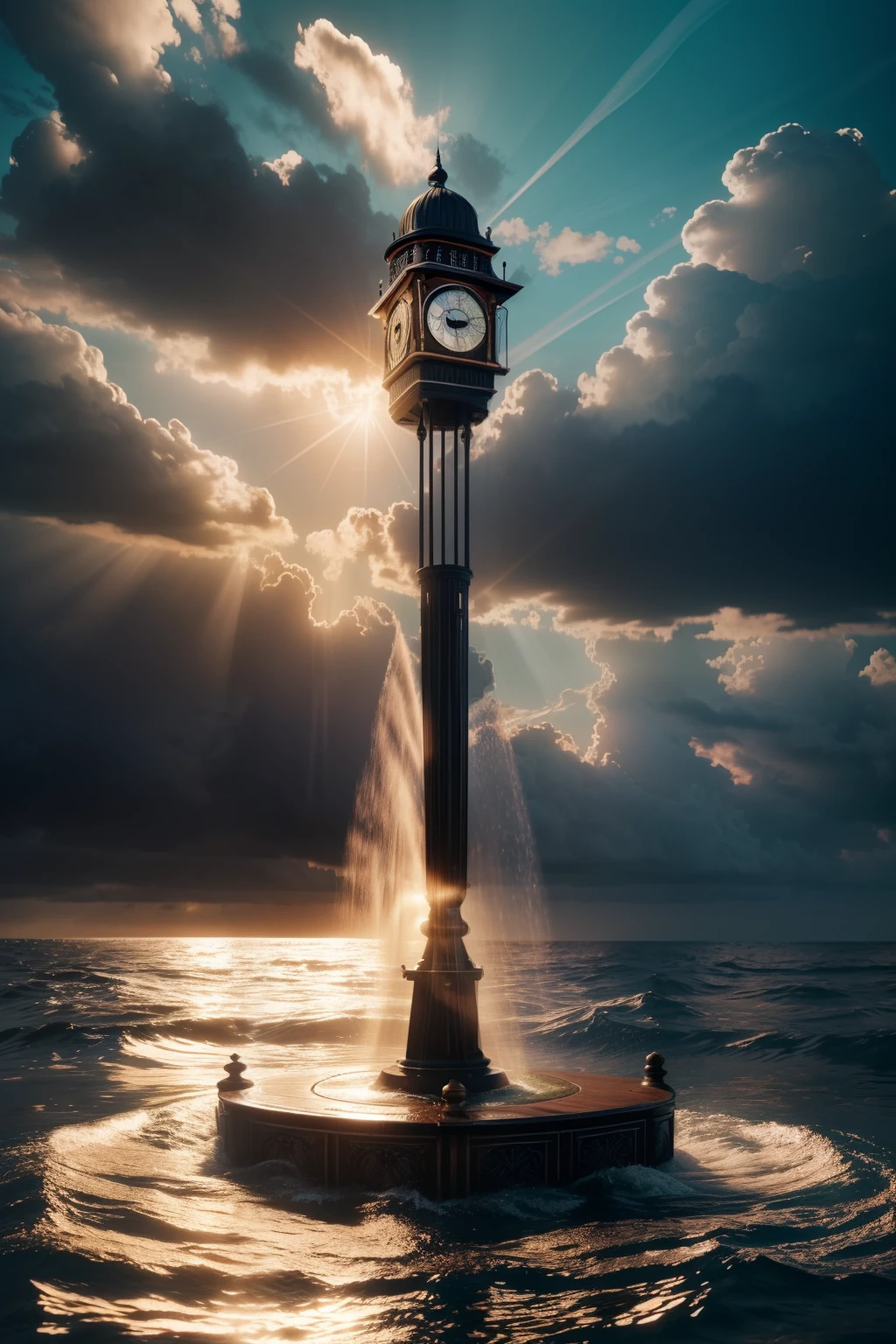 illustration of waving river flowing through a big old vintage clock in the middle of the ocean, under the dramatic sky, photorealistic, soft pastel colours, tranquility, majestic, scenic, intricate, water abstract, path tracing, illustration, insanely detailed, shadow mapping volumetric light, dramatic lighting, award winning photography
