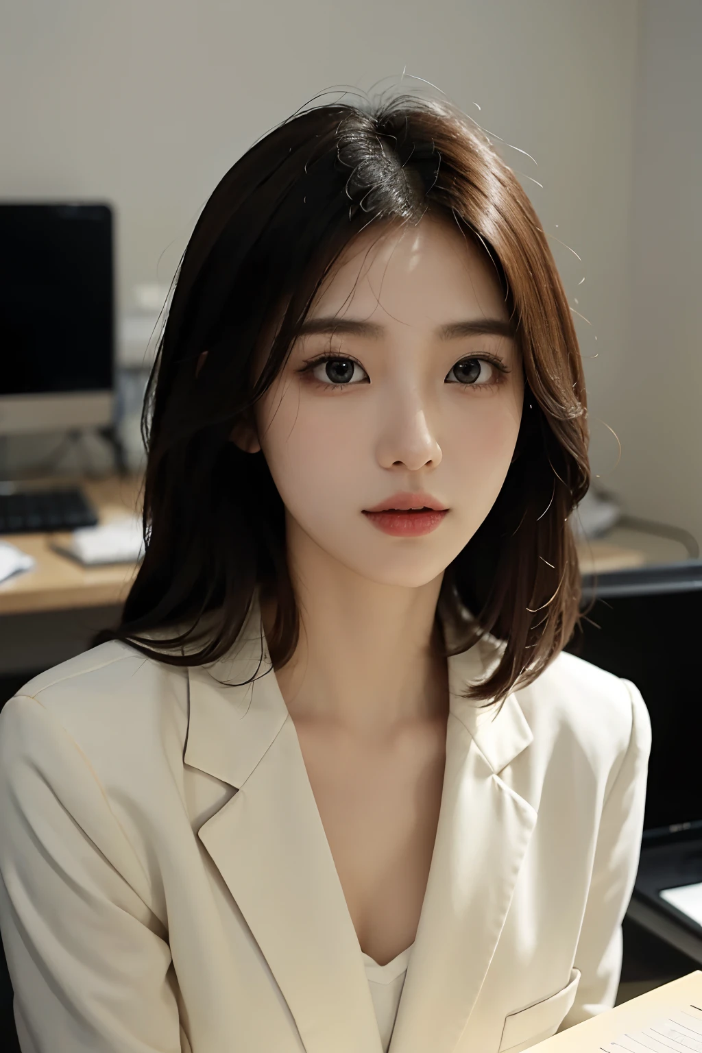 High-res, Realistic portrait of professional korean office lady with perfect skin,Professional suits,Women's suits,stand posture,The upper part of the body,Women in the workplace,Show confidence and maturity, Surrounded by a modern corporate environment, Vibrant and naturally lit highlights. The artwork should emphasize her elegant facial features, Including charming long eyes, Fluttering eyelashes and seductive lips. The scene should be enhanced with elements of professionalism and visual appeal,For example, Stylish work desk, Mainframe computers, High-resolution display, and complex stationery. The overall tone should be warm and professional, Has a soft and natural color palette. The artwork should exude a sense of professionalism, Success, and cultural pride,The background is blurred out