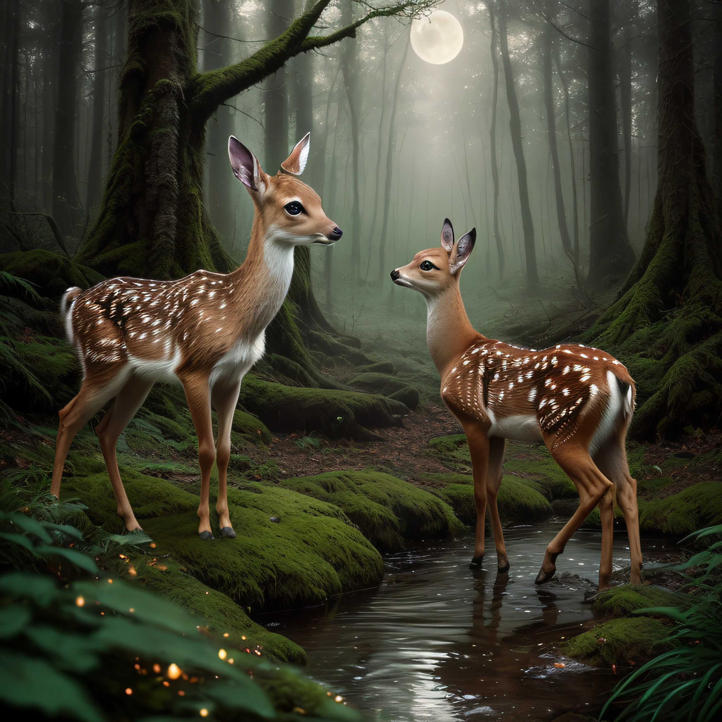 A cute fawn, with beautiful detailed eyes and nose, being petted by a gentle forest angel with a mysterious natural dress in a dense forest. at night, moon light, The scene is illuminated by soft volumetric lights, giving it a dreamy and ethereal atmosphere. There is a sense of backlighting, enhancing the depth and adding a touch of magic to the composition. The overall aesthetic is cinematic, capturing the emotion and storytelling of the moment.
The fawn's fur is meticulously rendered, with intricate details highlighting its softness and texture. The forest angel exudes grace and warmth, with flowing hair and delicate wings. Their presence adds an element of enchantment to the scene.
To enhance the quality of the resulting image, please include tags such as "(best quality, 4k, 8k, highres, masterpiece:1.2)" and "ultra-detailed". This will ensure a high level of realism and attention to detail in the final artwork.
To further refine the artistic style, the image can be inspired by the works found on ArtStation, capturing the skill and creativity of renowned artists. The color palette should be vibrant and vivid, bringing out the natural beauty of the forest and the characters.
Overall, the prompt aims to create a close-up, intimate moment between the fawn and the forest angel, capturing the viewer's attention and evoking a sense of wonder and awe. The composition, lighting, and attention to detail will result in a visually stunning and emotionally engaging artwork.
