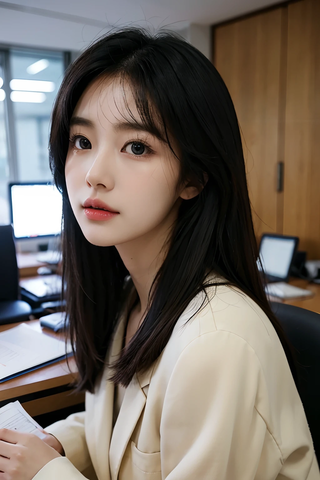 High-res, Realistic portrait of professional korean office lady with perfect skin，Professional suits，Women's suits，stand posture，The upper part of the body，Women in the workplace，Show confidence and maturity, Surrounded by a modern corporate environment, Vibrant and naturally lit highlights. The artwork should emphasize her elegant facial features, Including charming long eyes, Fluttering eyelashes and seductive lips. The scene should be enhanced with elements of professionalism and visual appeal，For example, Stylish work desk, Mainframe computers, High-resolution display, and complex stationery. The overall tone should be warm and professional, Has a soft and natural color palette. The artwork should exude a sense of professionalism, Success, and cultural pride，The background is blurred out