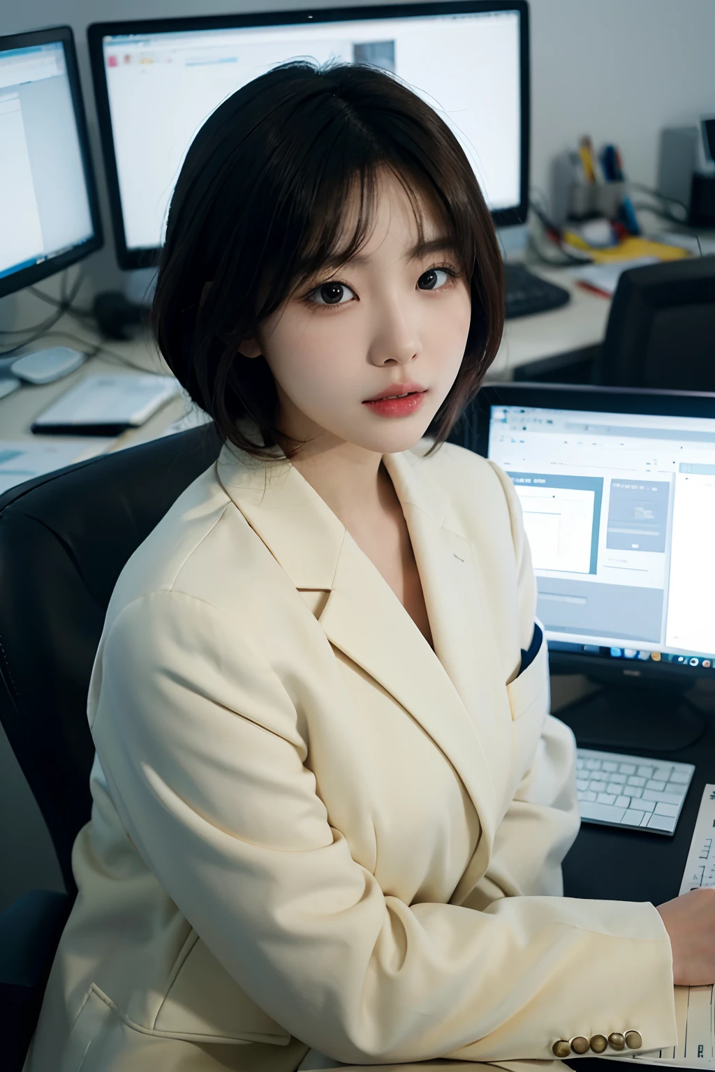 High-res, Realistic portrait of professional korean office lady with perfect skin，Professional suits，Women's suits，stand posture，The upper part of the body，Women in the workplace，Show confidence and maturity, Surrounded by a modern corporate environment, Vibrant and naturally lit highlights. The artwork should emphasize her elegant facial features, Including charming long eyes, Fluttering eyelashes and seductive lips. The scene should be enhanced with elements of professionalism and visual appeal，For example, Stylish work desk, Mainframe computers, High-resolution display, and complex stationery. The overall tone should be warm and professional, Has a soft and natural color palette. The artwork should exude a sense of professionalism, Success, and cultural pride，The background is blurred out