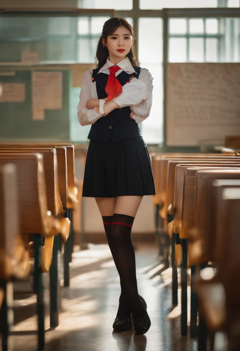 The subject of this photo is only a girl，The background is in the classroom，The full-body photo of the girl is shown。She wears a student uniform，Black stockings were worn on her legs，Looks sexy。