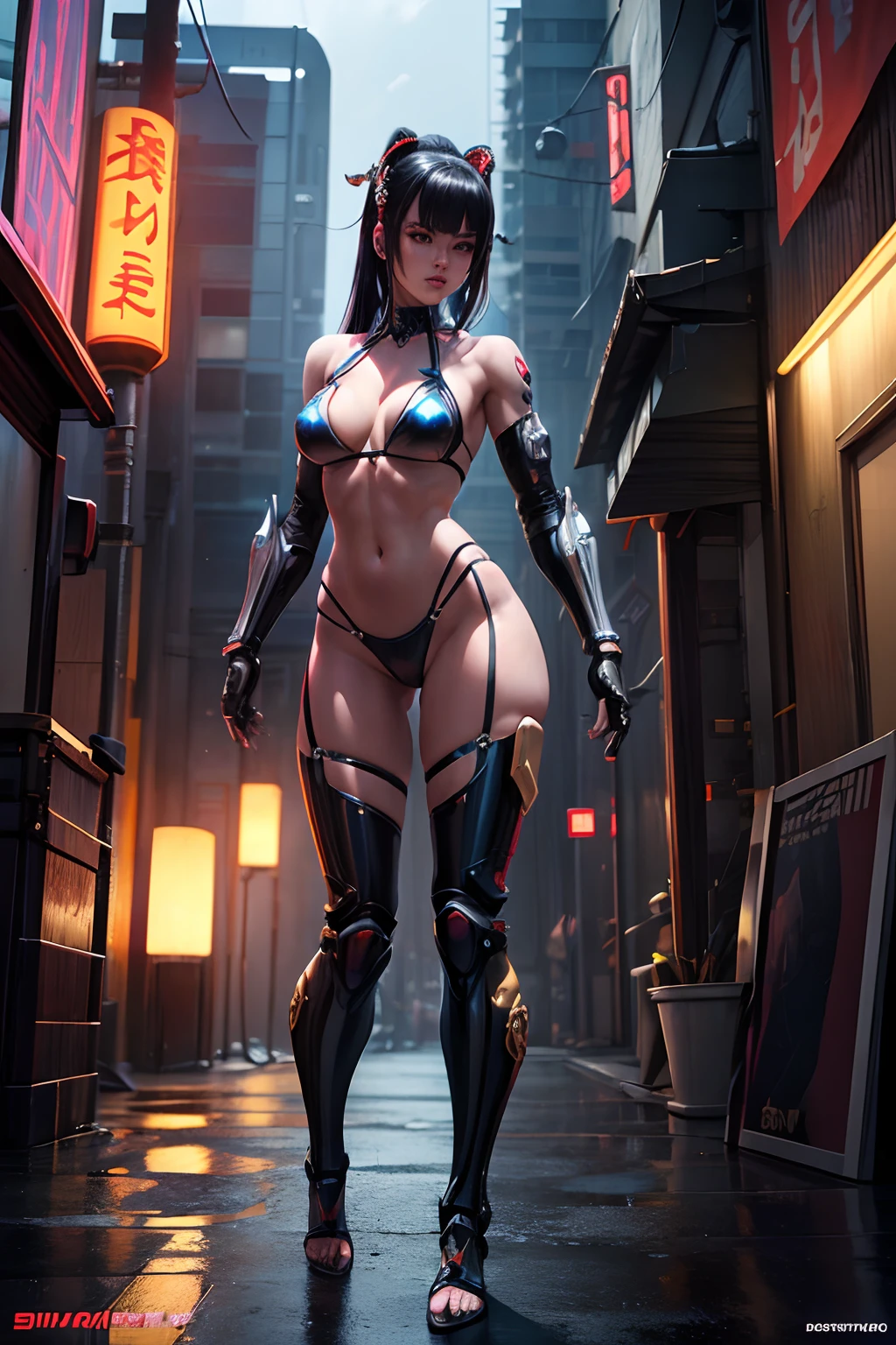 Beautiful Alluring Cyberpunk Samurai, Bare Skin, Athletic Well Toned Body, Elegant Form, Bare Skin, Outside At Neon Palace, Barely Clothed, Beautiful Face, smaurai inspired bikini armor, mechanical limbs, exposed robotic parts, chrome skin, neon glowing parts, Japanese Theme, Cyberpunk Theme, Fiverr Dnd Character, Octane Render, Digital Art, Extreme Detail, 4k, Ultra Hd, Polished, Beautiful, Hyperdetailed, Intricate, Elaborate, Meticulous, Photorealistic, Sharp Focus, Wlop, Character Design, Unreal Engine, 3d Rendered, Volumetric Lighting, Reflections, Glossy, Digital Illustration, Sensual Pose, Suggestive Pose, Lewd, Full Body Shot, 💖❤💕💋❣