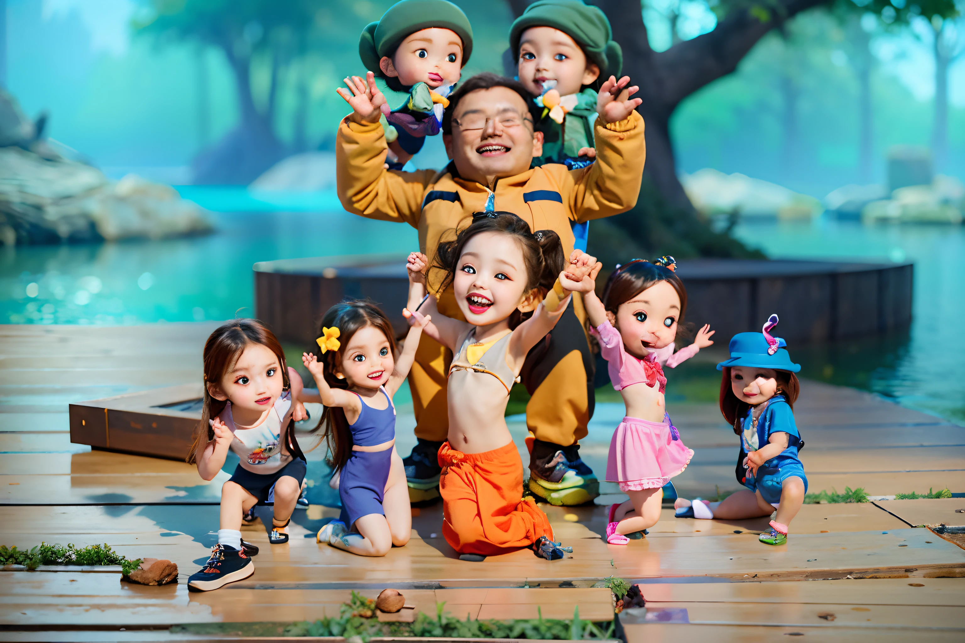 there are many small children posing for a picture together, photorealistic disney, several dolls in one photo, yanjun chengt, john park, hong soonsang, childrens art in artstation, 3d characters, disney photo realistic, 3d cg, 3 d cg, wei wang, small character. unreal engine 5, slide show, 3 d render character art 8 k