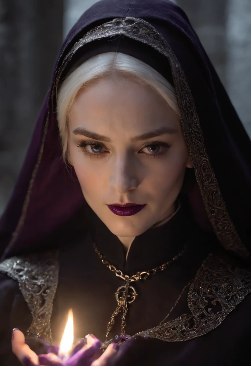 A  nun, upper body,dressed in a long black habit, that purple flame flows around her. Her face is both beautiful and dangerous, with pale skin and dark eyes that seem to glow in the darkness,Her hair is long and flowing, stretching down her back like tendrils of smoke. On her lips, a deep red lipstick adds a touch of color to her otherwise monochromatic appearance. purple flame that dance around her, , she holds a iron chains to contorl the purple flame candelabrum , each link clinking softly as she moves. fantasy, global illumination, backlighting, bloom, ((cold light)), sharp focus, photo realistic, detailed skin, background out of focus, cinematic composition , ultra-detailed, realistic , hyper-realistic , volumetric lighting, 8k, trending on artstation