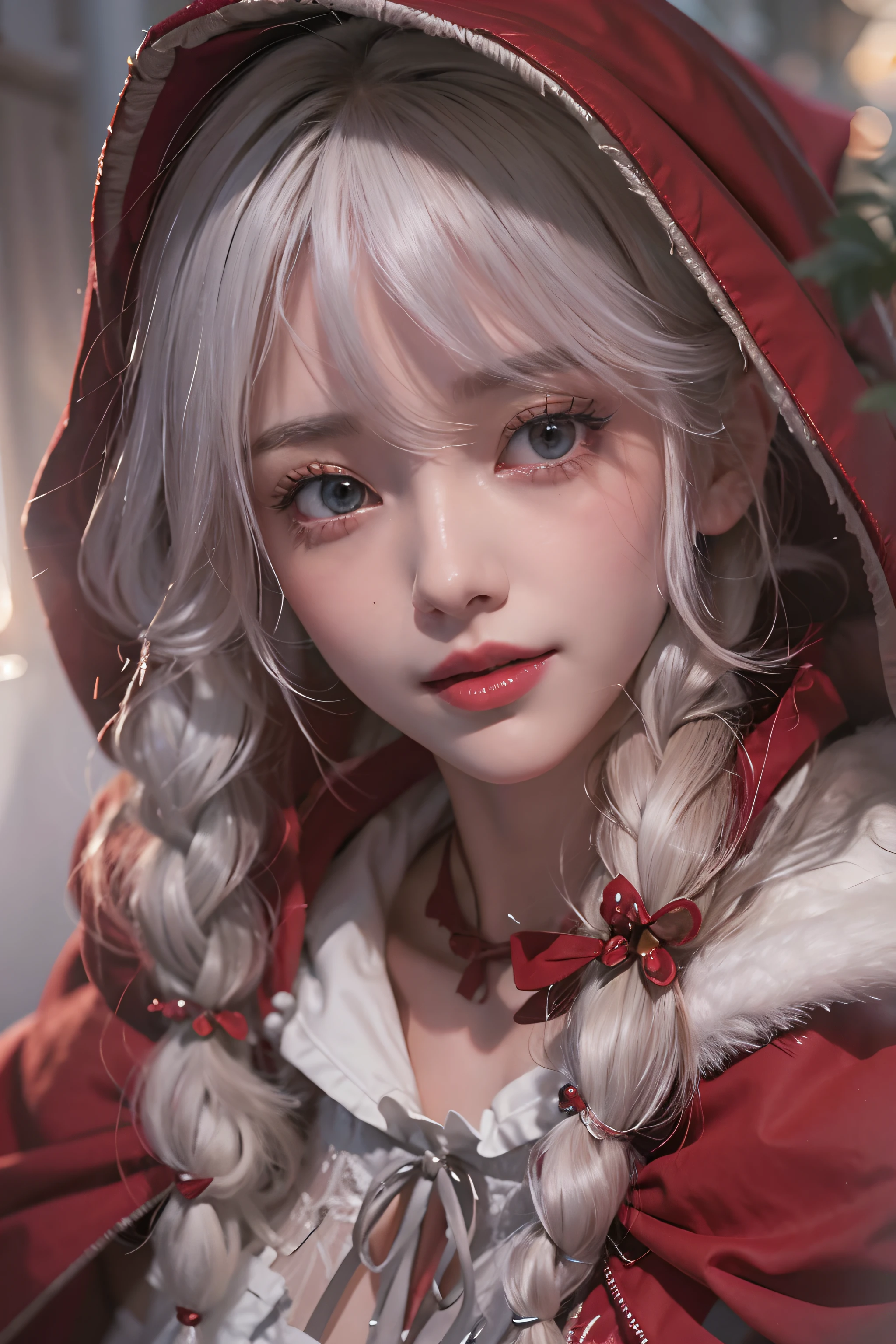 High quality detailing)、realisitic、8K UHD、hight resolution、(red riding hood)、(Knee shot)、(Face view orientation)、(1girl in)、(Cute smile))、(full bodyesbian)、High quality shadows、Detail Beautiful delicate face、Detail Beautiful delicate eyes、in her 20s、(The best smile)、Pretty Kpop Girl、(Korean Urzan Face)、(ulzzang -6500-v1.1:0.6)、pureerosface_v1、gloweyes、perfectbody、(Colossal tits)、 ((look at viewr))、Hasselblad, Carl zeiss, Incredible dynamic range photography(UTIL_Art by Smoose-768:1.1), (White hair color)、teak、Bright red lipstick、Glossy lips、Natural color reproduction, ((strong lights))、((Hood cover))、(a choker)、((Brown eyes))、((Beautiful Finger))、(White hair), (Twin braids)、(Pattsun bangs)、(bangss)、 Shiny hair、Description beautiful delicate hair、(Lustrous skin)、((Spread your arms))、((Little Red Riding Hood))、(Red Long Cape)、((Wear the red hood deeply))、(a red skirt)、(corsets)、(deep-forest)、(Scattering dead leaves)、