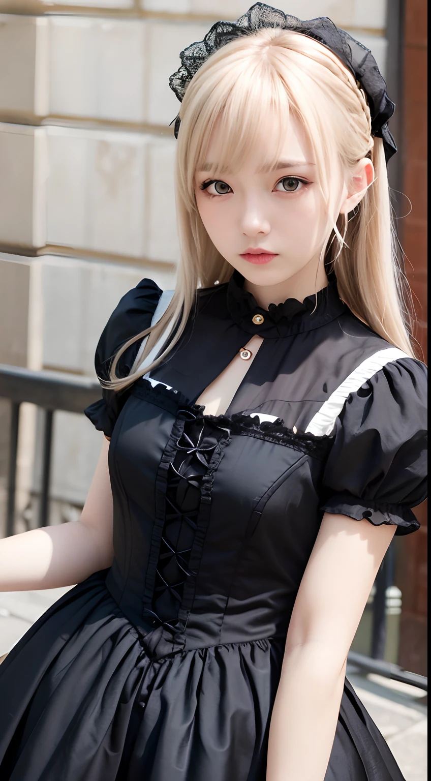 (masutepiece, Best Quality:1.2), 8K, 85 mm, Official art, Raw photo, absurderes, Platinum Blonde Hair, (Blue eyes, Lolita Fashion, sweetlolita, Gothic, Dress:1.2), Idol face, a closeup, Beautiful Girl, gardeniass, Copenhagen, Short sleeve, Elegance, Sophisticated, gardenia, Looking at Viewer, Film grain, chromatic abberation, Sharp Focus, face lights, Dynamic lighting, Cinematic lighting, Detailed face, Big city background