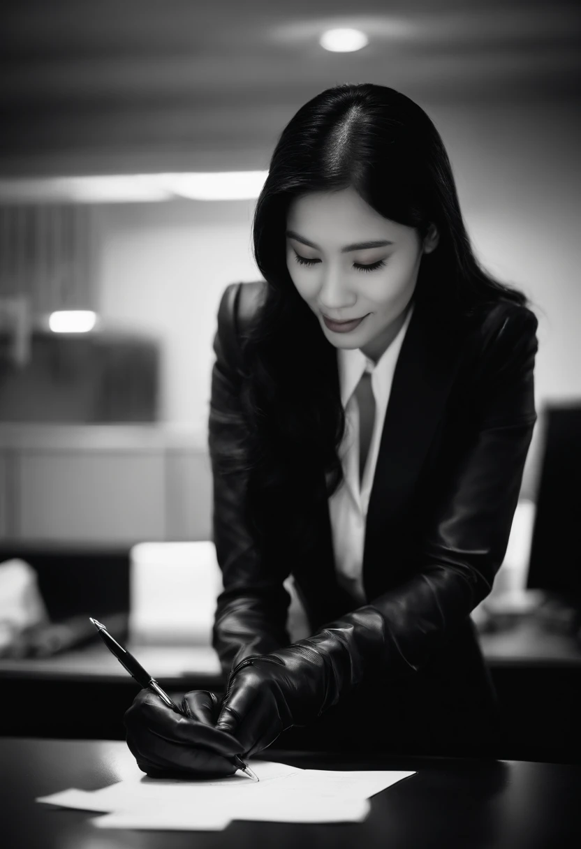 Wearing black leather gloves in both hands, upper body, black business suit, facing the desk in the modern study in the dark, looking down and smiling, writing a letter using a fountain pen, long straight black hair, young and very cute Japanese female new employee with round eyes (black leather gloves cover both hands)