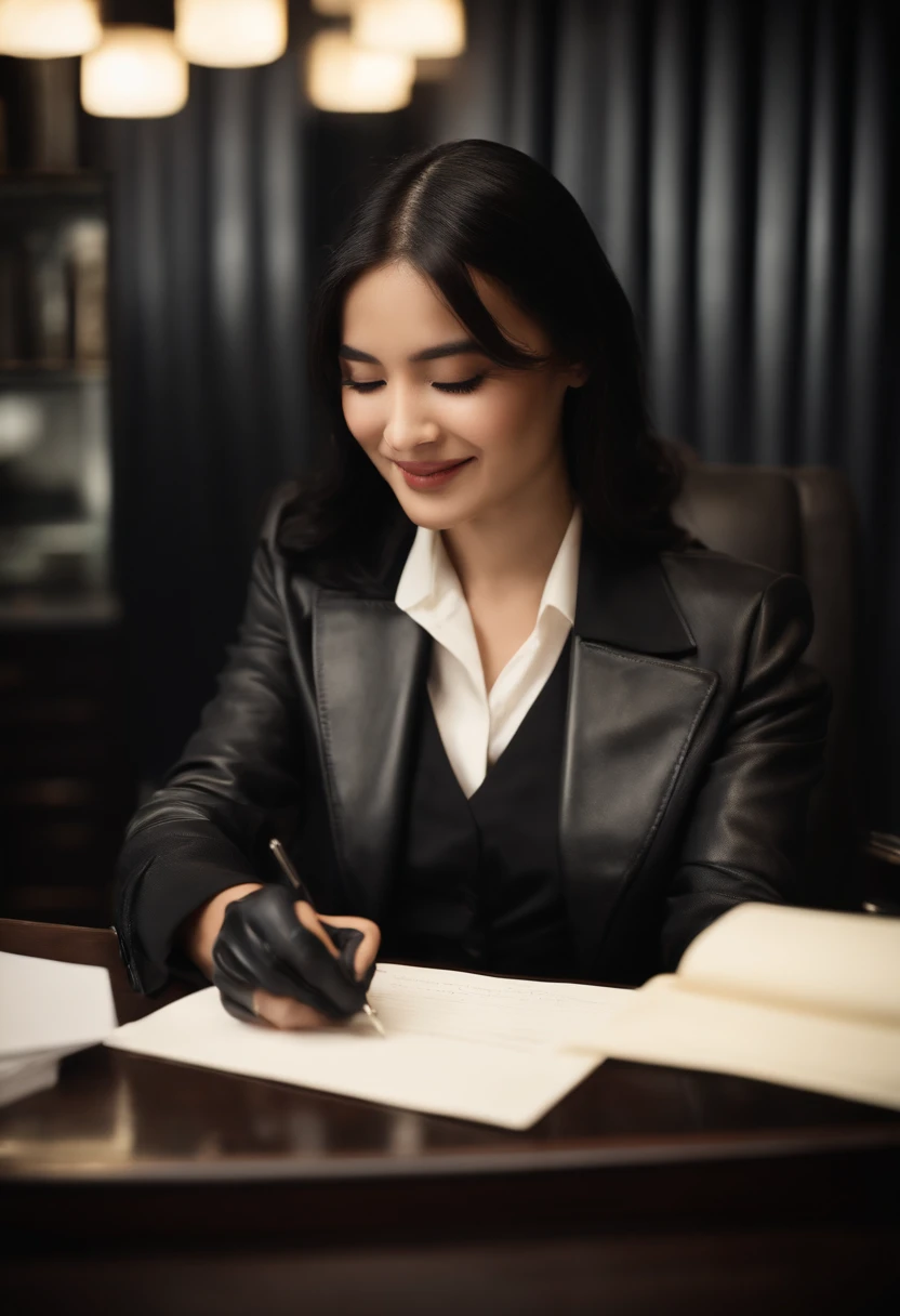Wearing black leather gloves in both hands, upper body, black business suit, facing the desk in the modern study in the dark, looking down and smiling, writing a letter using a fountain pen, long straight black hair, young and very cute Japanese female new employee with round eyes (black leather gloves cover both hands)