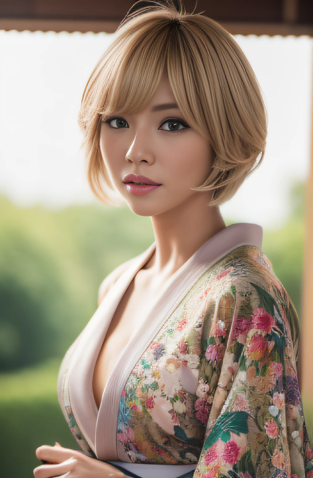 (masterpiece:1.2), ultra detailed, ultra high res, (realistic, photo realistic:1.37), high detail RAW color photo, professional photograph, an extremely delicate and beautiful, extremely detailed, 8k wallpaper, Amazing, finely detail, huge file size, extremely detailed beautiful girl, extremely detailed face, extremely detailed eyes, extremely detailed skin, extremely detailed fingers, extremely detailed nose, extremely detailed mouth, perfect anatomy, highly detailed background, (a famous actress of Japan:1.2), blond hair, shortcut hair, Tanned skin, (gyaru:1.3), cinematic lighting, (full body:1.3), (floral printed kimono:1.3),