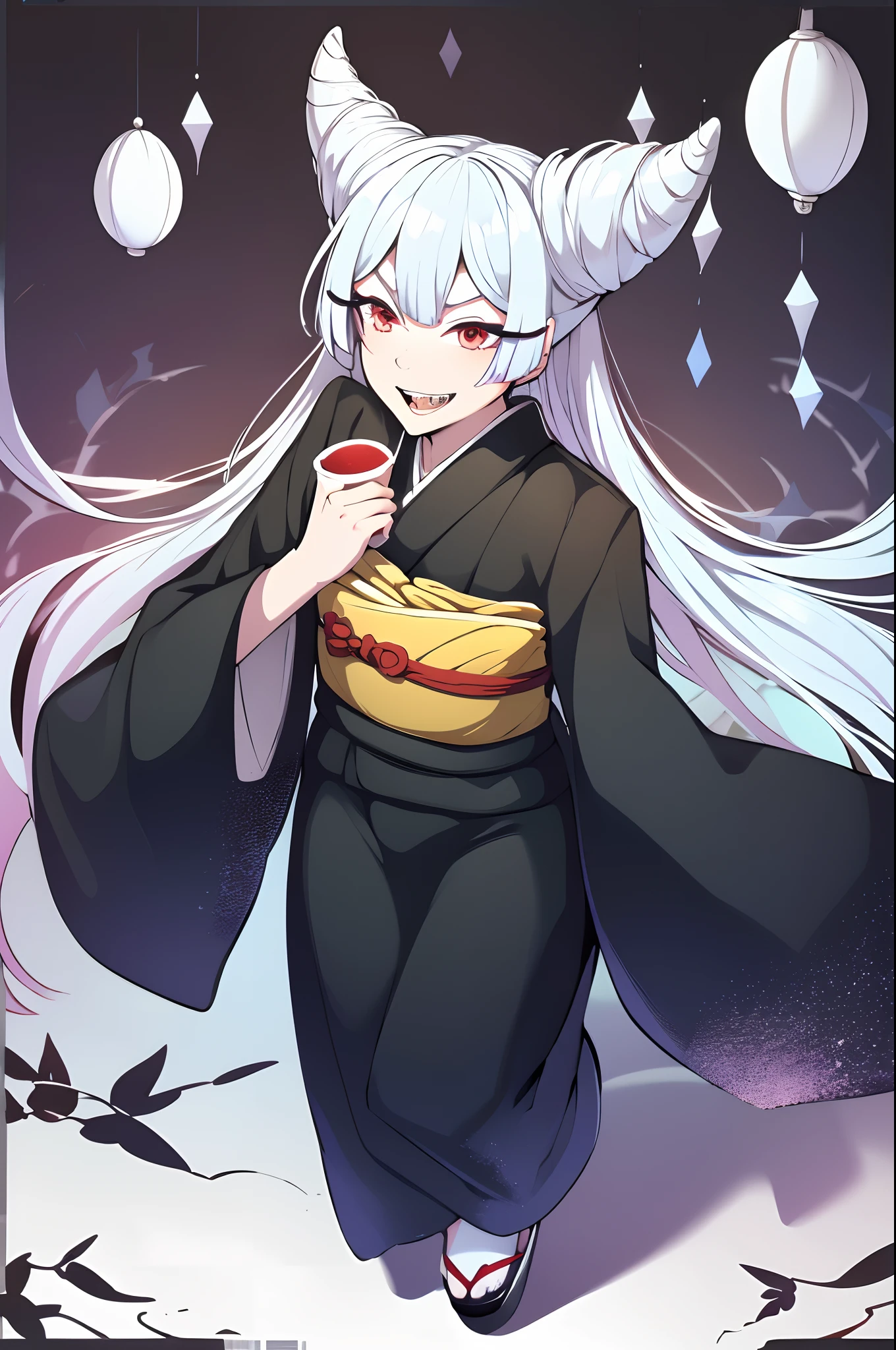 Urara ayashimon, silver hair, horns hair, red eyes, ****, black kimono, smile, full body, flipflops,sharpteeth