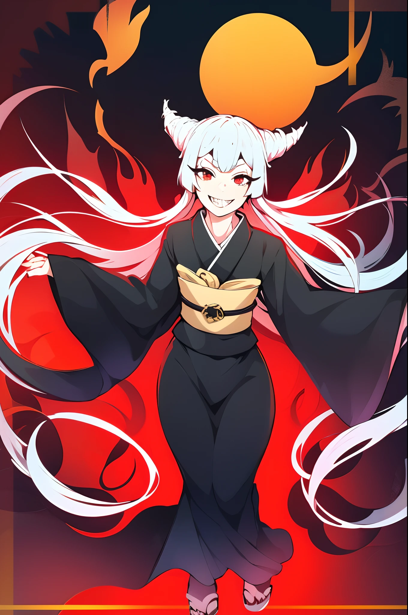 Urara ayashimon, silver hair, horns hair, red eyes, ****, black kimono, smile, full body, flipflops,sharpteeth