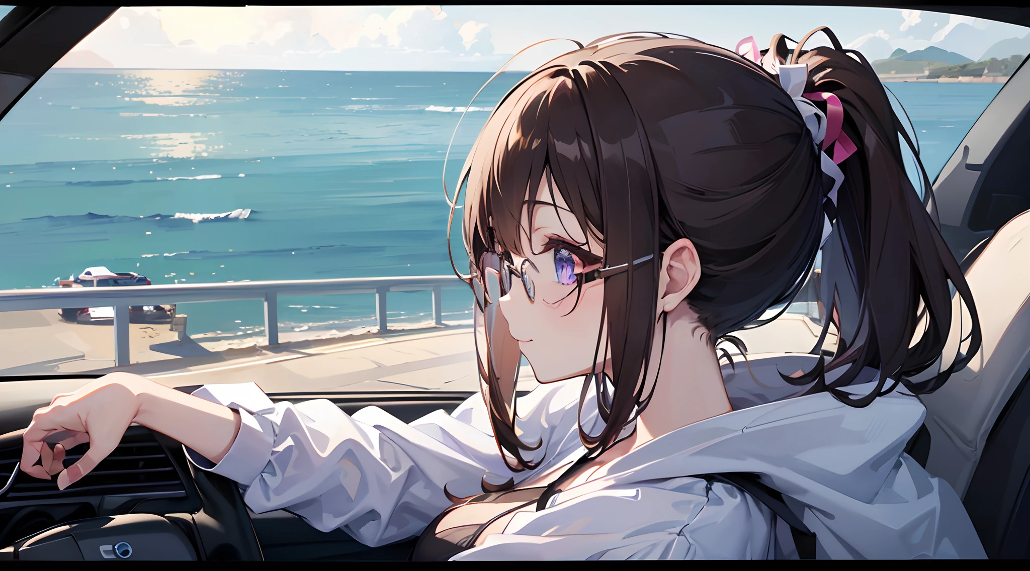 ((masutepiece)), ((Best Quality)), (Ultra-detailed), ((kawaii)), Cute, (lovely), ((Sexy)), (Ero), ((Extremely detailed)), 4K, (8K), Best Quality, (Beautiful), Anime style, Upper body, face in profile, Focus on the face, ocean, Cute little girl s, 1girl in, Solo, (((Driving a car:1.5))), ((Drive on roads near the seaside)), Miniskirt, Beautiful dark brown hair, Beautiful purple eyes, ((Beautiful eyes with highlights )), White-skinned, Ponytail, Transparent hair, translucent hair, large full breasts, Glasses, Smile, Wind-effect, reflection effect