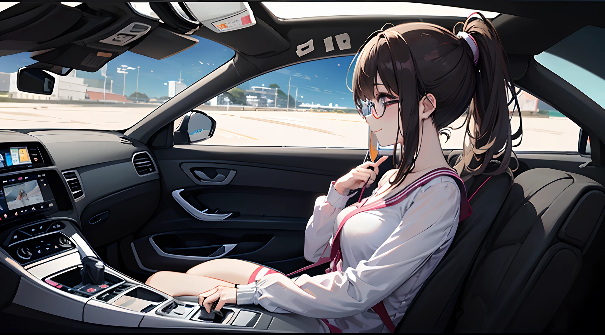 ((masutepiece)), ((Best Quality)), (Ultra-detailed), ((kawaii)), Cute, (lovely), ((Sexy)), (Ero), ((Extremely detailed)), 4K, (8K), Best Quality, (Beautiful), Anime style, Upper body, face in profile, Focus on the face, ocean, s, 1girl in, Solo, (((Driving a car:1.5))), ((Drive on roads near the seaside)), Miniskirt, Beautiful dark brown hair, Beautiful purple eyes, ((Beautiful eyes with highlights )), White-skinned, Ponytail, Transparent hair, translucent hair, large full breasts, Glasses, Smile, Wind-effect, reflection effect