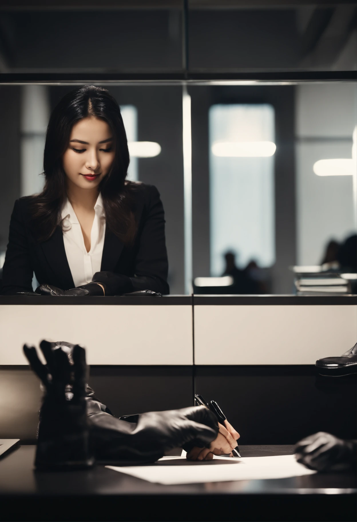 Wearing black leather gloves in both hands, upper body, black business suit, facing the desk in the modern study in the dark, looking down and smiling, writing a letter using a fountain pen, long straight black hair, young and very cute Japanese female new employee with round eyes (black leather gloves cover both hands)