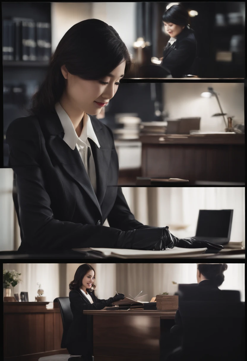 Wearing black leather gloves in both hands, upper body, black business suit, facing the desk in the modern study in the dark, looking down and smiling, writing a letter using a fountain pen, long straight black hair, young and very cute Japanese female new employee with round eyes (black leather gloves cover both hands)