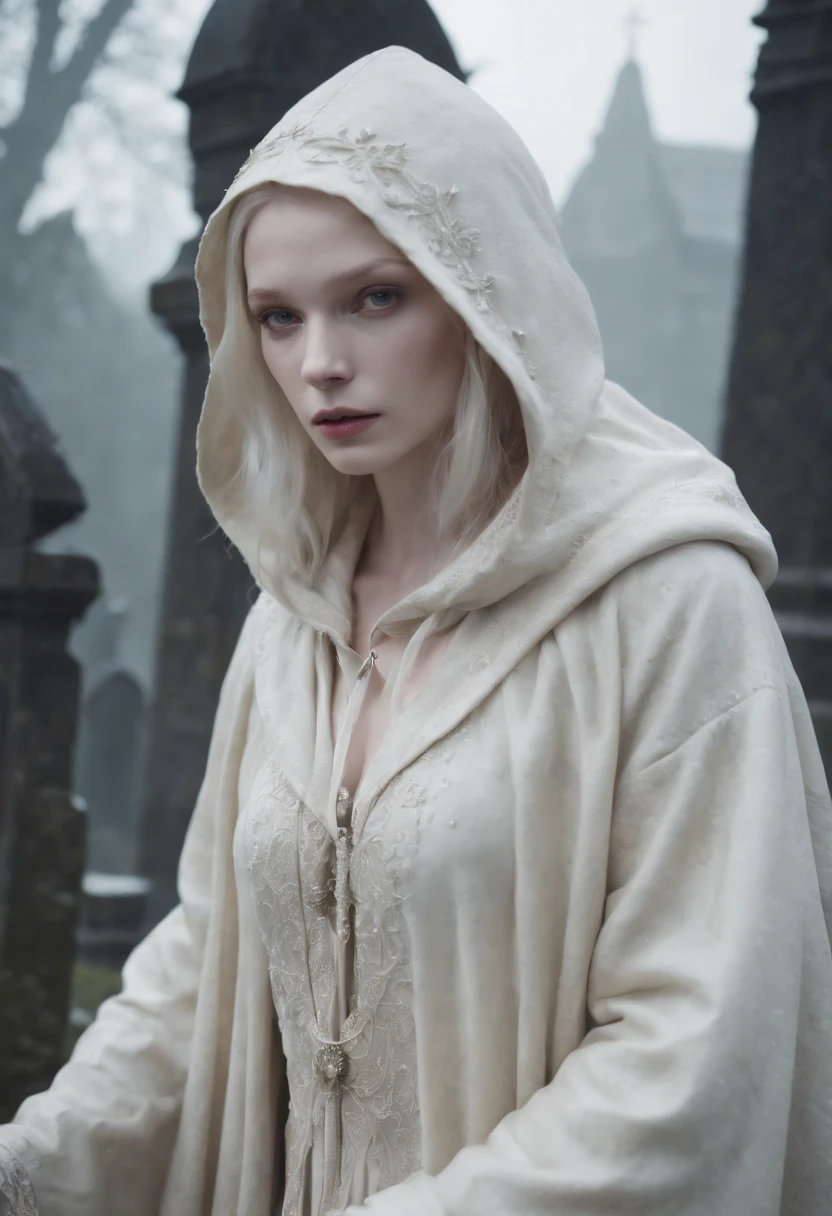Create a CG anime-style image of a pale-skinned albino necromancer character wearing a beige hooded overcoat in a misty cemetery,upper body,Depict the character amidst tombstones and gravestones, with a gloomy atmosphere, on a moonlit night with puddles of water reflecting the moonlight,Use (((intricate details))), (((highest quality))), and an (((extremely detailed composition))),Utilize a color palette that emphasizes the eerie and mystical ambiance of the scene,