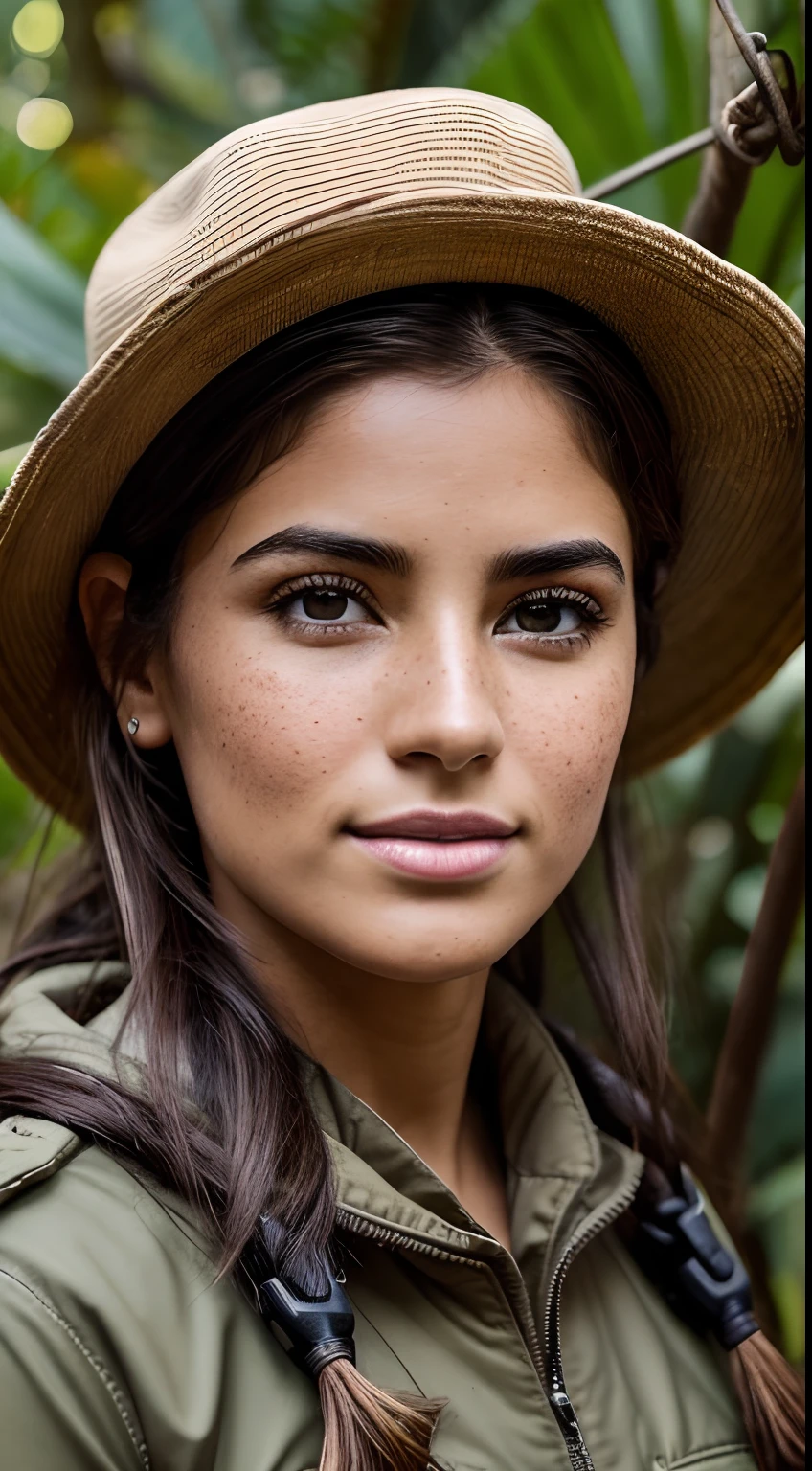 La mejor calidad,4k,8k,Altas Resoluciones,obra maestra:1.2),ultra detallado,(realista,fotorrealista,fotorrealista:1.37),35-year-old female,Traje de explorador,Cara y cuerpo completamente detallados,mirada penetrante,Looking straight at the camera,serious expression,pose aventurera,ojos cautivadores,Wavy brown hair with shine and volume,Piel besada por el sol con brillo natural,weak freckles on the cheeks,defined cheekbones,Sonrisa sutil con confianza,Expressive eyes with long eyelashes,labios con un toque de rojo,Cejas bien cuidadas,ojos marrones brillando con curiosidad,Sombrero explorador y binoculares a su lado,Un mapa en la mano,Boots suitable for an expedition to the jungle,Chaleco Khaki Explorer con bolsillos,Explorer equipment such as rope and compass,Dynamic lighting with soft natural sunlight illuminates the scene,colores ricos y vibrantes para dar vida a la imagen,A touch of warm tones to enhance the adventurous atmosphere,Subtle shadows and highlights to add depth and dimension,Meticulous attention to detail to make the image highly realistic,The feeling of anticipation and excitement for new discoveries and adventures,The spirit of exploration captured in a single frame,Beautifully blended background with lush green foliage and exotic plants,creating a sense of mystery and wonder in the viewer's imagination. debe aparecer centrada la foto