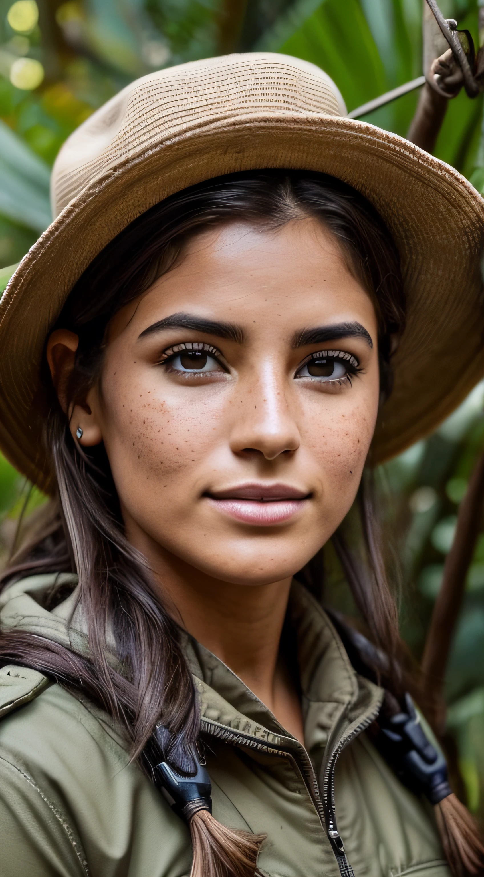 La mejor calidad,4k,8k,Altas Resoluciones,obra maestra:1.2),ultra detallado,(realista,fotorrealista,fotorrealista:1.37),35-year-old female,Traje de explorador,Cara y cuerpo completamente detallados,mirada penetrante,Looking straight at the camera,serious expression,pose aventurera,ojos cautivadores,Wavy brown hair with shine and volume,Piel besada por el sol con brillo natural,weak freckles on the cheeks,defined cheekbones,Sonrisa sutil con confianza,Expressive eyes with long eyelashes,labios con un toque de rojo,Cejas bien cuidadas,ojos marrones brillando con curiosidad,Sombrero explorador y binoculares a su lado,Un mapa en la mano,Boots suitable for an expedition to the jungle,Chaleco Khaki Explorer con bolsillos,Explorer equipment such as rope and compass,Dynamic lighting with soft natural sunlight illuminates the scene,colores ricos y vibrantes para dar vida a la imagen,A touch of warm tones to enhance the adventurous atmosphere,Subtle shadows and highlights to add depth and dimension,Meticulous attention to detail to make the image highly realistic,The feeling of anticipation and excitement for new discoveries and adventures,The spirit of exploration captured in a single frame,Beautifully blended background with lush green foliage and exotic plants,creating a sense of mystery and wonder in the viewer's imagination. debe aparecer centrada la foto