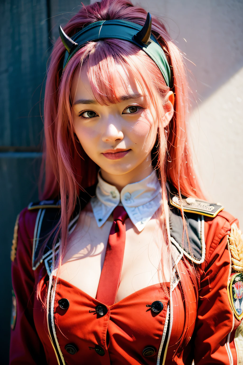 asian girl with pink hair smiling and green eyes in a red uniform with small red devil horns on her white head band, ultra realistic, high quality, detailed face,