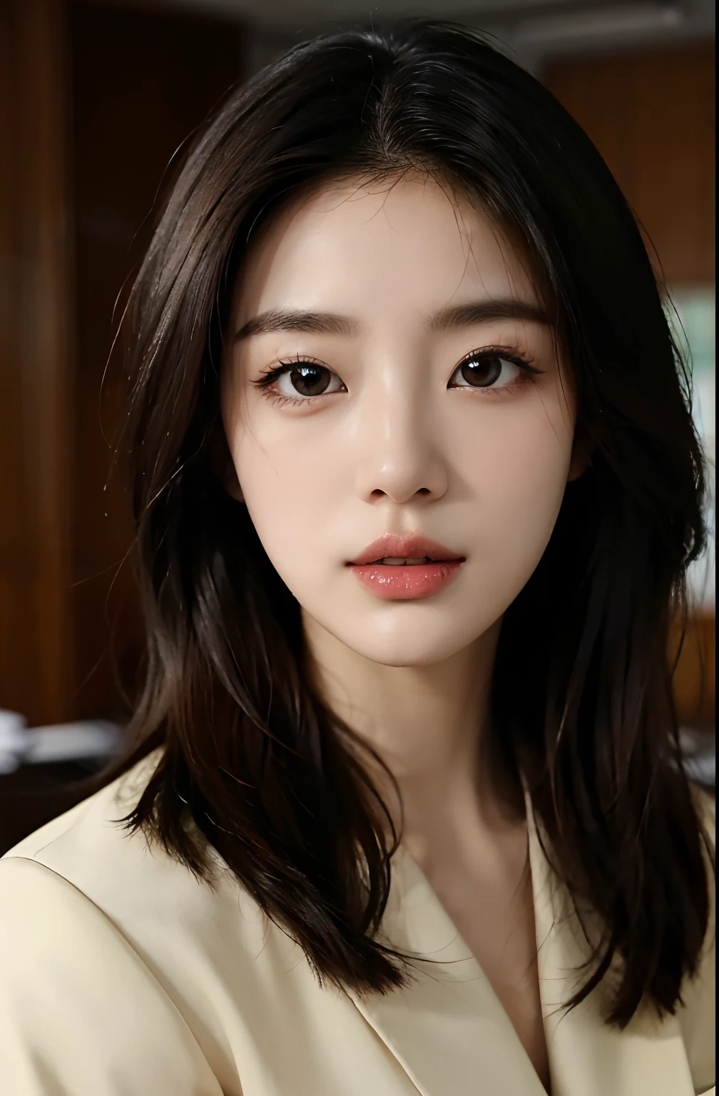 High-res, Realistic portrait of professional korean office lady with perfect skin,Professional suits,Women's suits,stand posture,The upper part of the body,Women in the workplace,Show confidence and maturity, Surrounded by a modern corporate environment, Vibrant and naturally lit highlights. The artwork should emphasize her elegant facial features, Including charming long eyes, Fluttering eyelashes and seductive lips. The scene should be enhanced with elements of professionalism and visual appeal,For example, Stylish work desk, Mainframe computers, High-resolution display, and complex stationery. The overall tone should be warm and professional, Has a soft and natural color palette. The artwork should exude a sense of professionalism, Success, and cultural pride,The background is blurred out