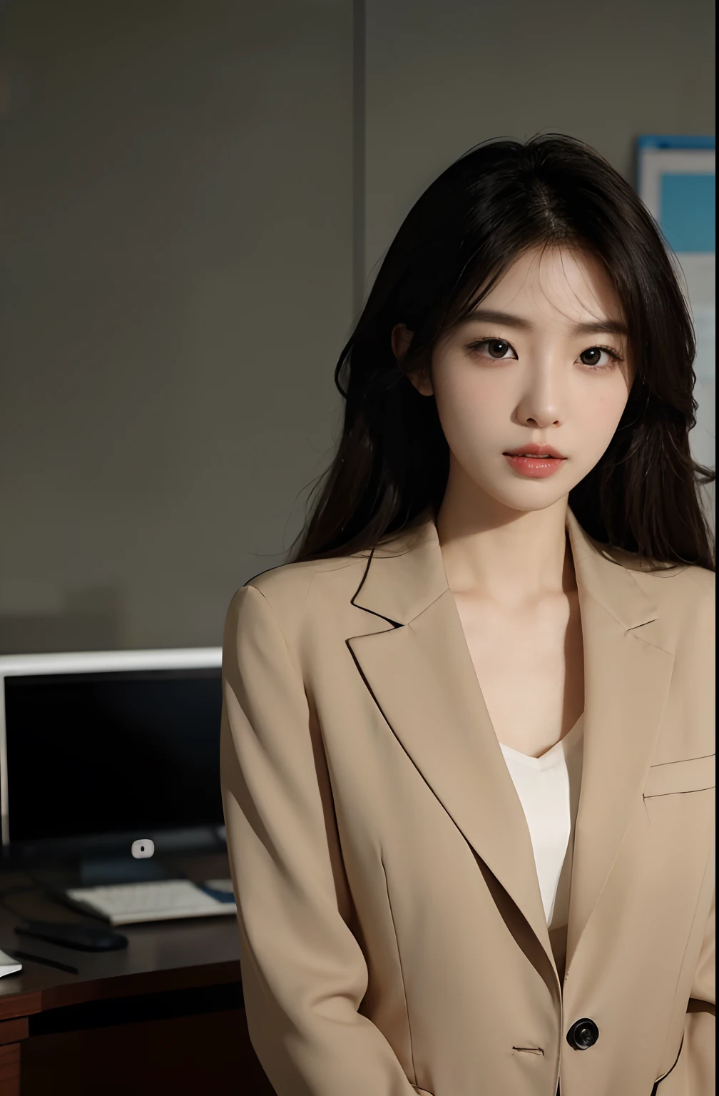 High-res, Realistic portrait of professional korean office lady with perfect skin，Professional suits，Women's suits，stand posture，The upper part of the body，Women in the workplace，Show confidence and maturity, Surrounded by a modern corporate environment, Vibrant and naturally lit highlights. The artwork should emphasize her elegant facial features, Including charming long eyes, Fluttering eyelashes and seductive lips. The scene should be enhanced with elements of professionalism and visual appeal，For example, Stylish work desk, Mainframe computers, High-resolution display, and complex stationery. The overall tone should be warm and professional, Has a soft and natural color palette. The artwork should exude a sense of professionalism, Success, and cultural pride，The background is blurred out