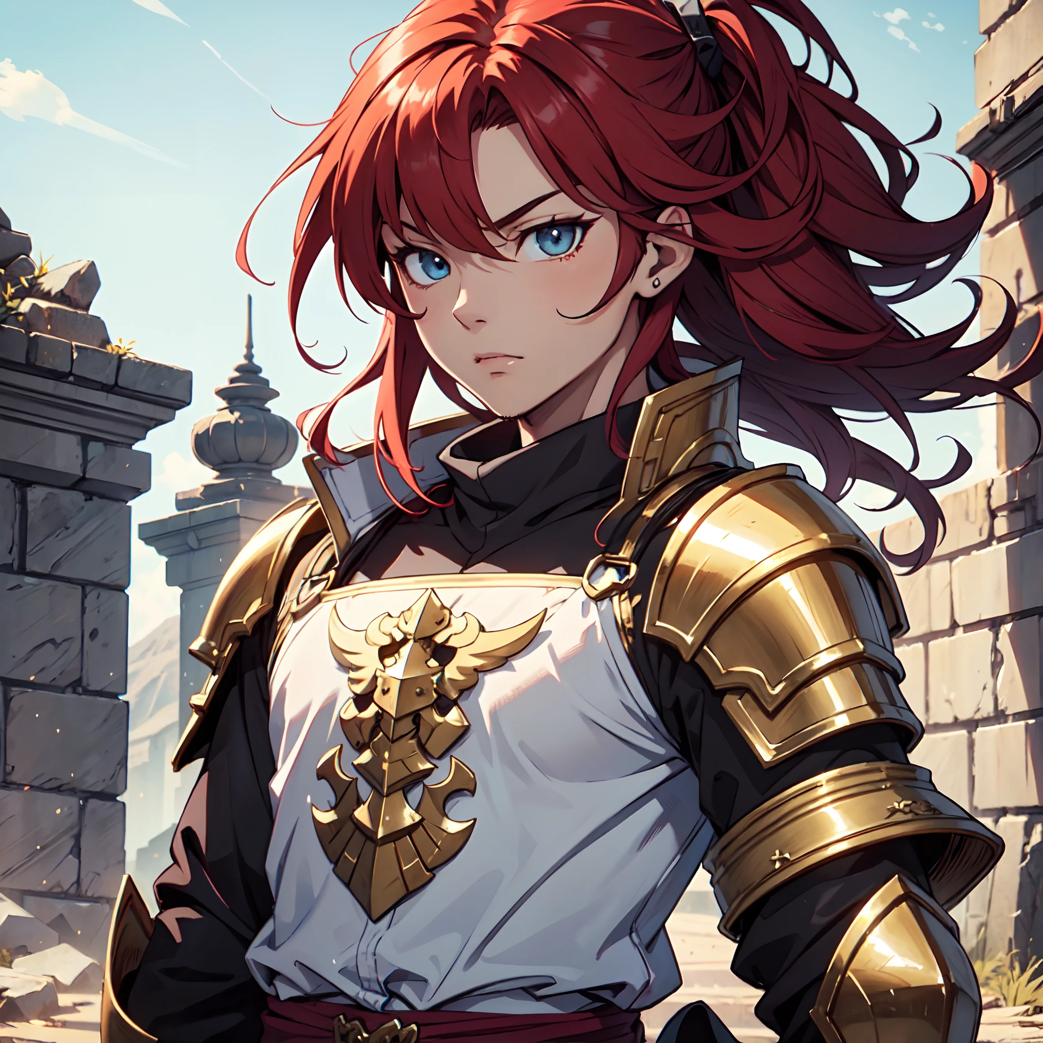 Ultra High Definition, Ultra High Quality, Extremely Detailed, Perfectly Detailed, Masterpiece, 8k, 1 Boy, Look A Like Xin From Kingdom Anime, Handsome, Equipped With Paladin Armor, Solid Light Blue Eyes, Long Red Hair, Body Shot, Ancient Kingdom Background