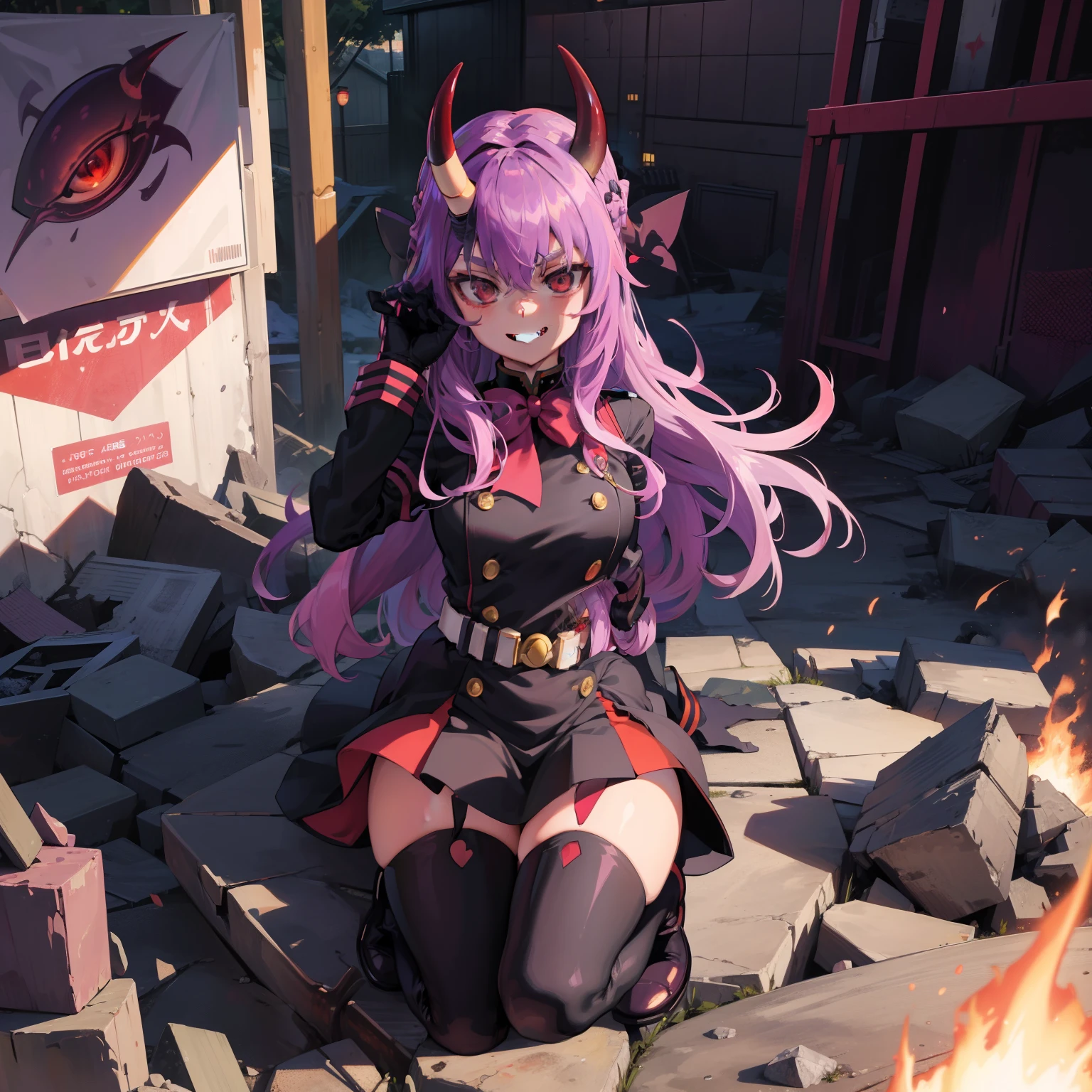 (Masterpiece), Best Quality, expressive eyes, a perfect face, 1girl, solo, purple hair, red eyes, demon, one horn, horn in the middle of the forehead, demon horn, dress, long boots, grin, long gloves with cutouts, in destroyed world, grin, Shinoa, Shihoa Hiiragi