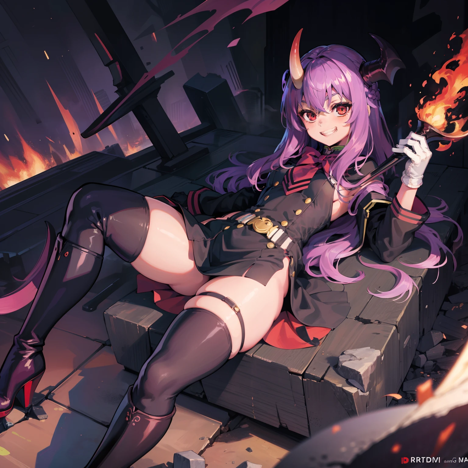 (Masterpiece), Best Quality, expressive eyes, a perfect face, 1girl, solo, purple hair, red eyes, demon, one horn, horn in the middle of the forehead, demon horn, dress, long boots, grin, long gloves with cutouts, in destroyed world, grin, Shinoa, Shihoa Hiiragi