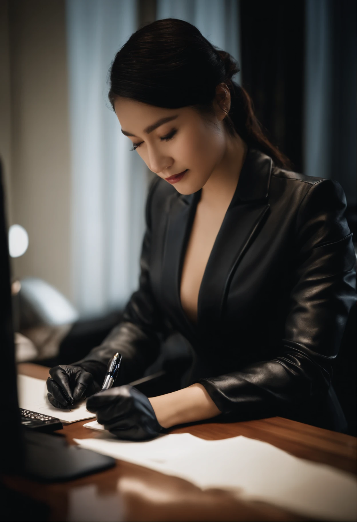 Wearing black leather gloves in both hands, upper body, black business suit, facing the desk in the modern study in the dark, looking down and smiling, writing a letter using a fountain pen, long straight black hair, young and very cute Japanese female new employee with round eyes (black leather gloves cover both hands)