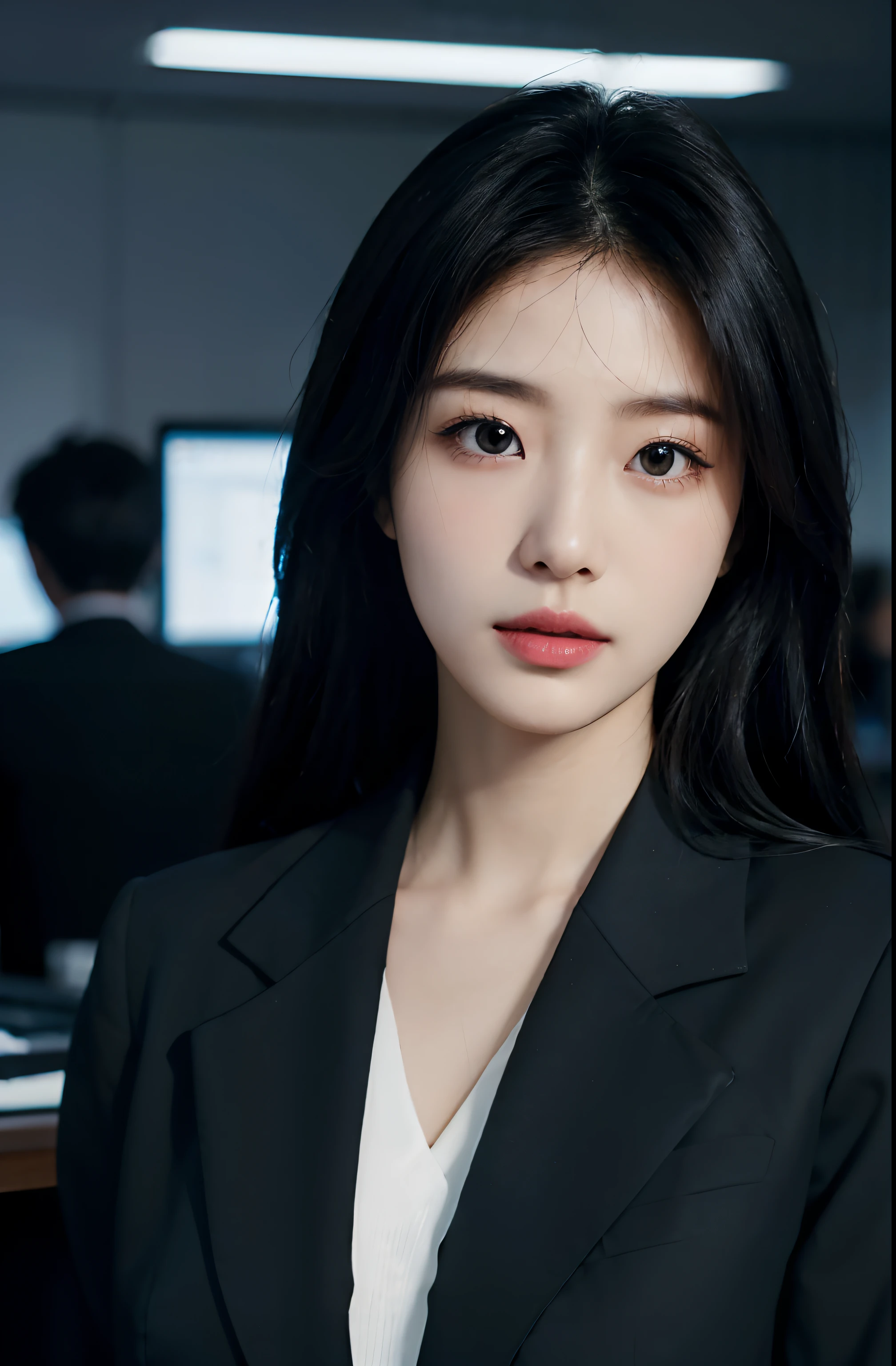 High-res, Realistic portrait of professional korean office lady with perfect skin,Professional suits,Women's suits,stand posture,The upper part of the body,Women in the workplace,Show confidence and maturity, Surrounded by a modern corporate environment, Vibrant and naturally lit highlights. The artwork should emphasize her elegant facial features, Including charming long eyes, Fluttering eyelashes and seductive lips. The scene should be enhanced with elements of professionalism and visual appeal,For example, Stylish work desk, Mainframe computers, High-resolution display, and complex stationery. The overall tone should be warm and professional, Has a soft and natural color palette. The artwork should exude a sense of professionalism, Success, and cultural pride,The background is blurred out