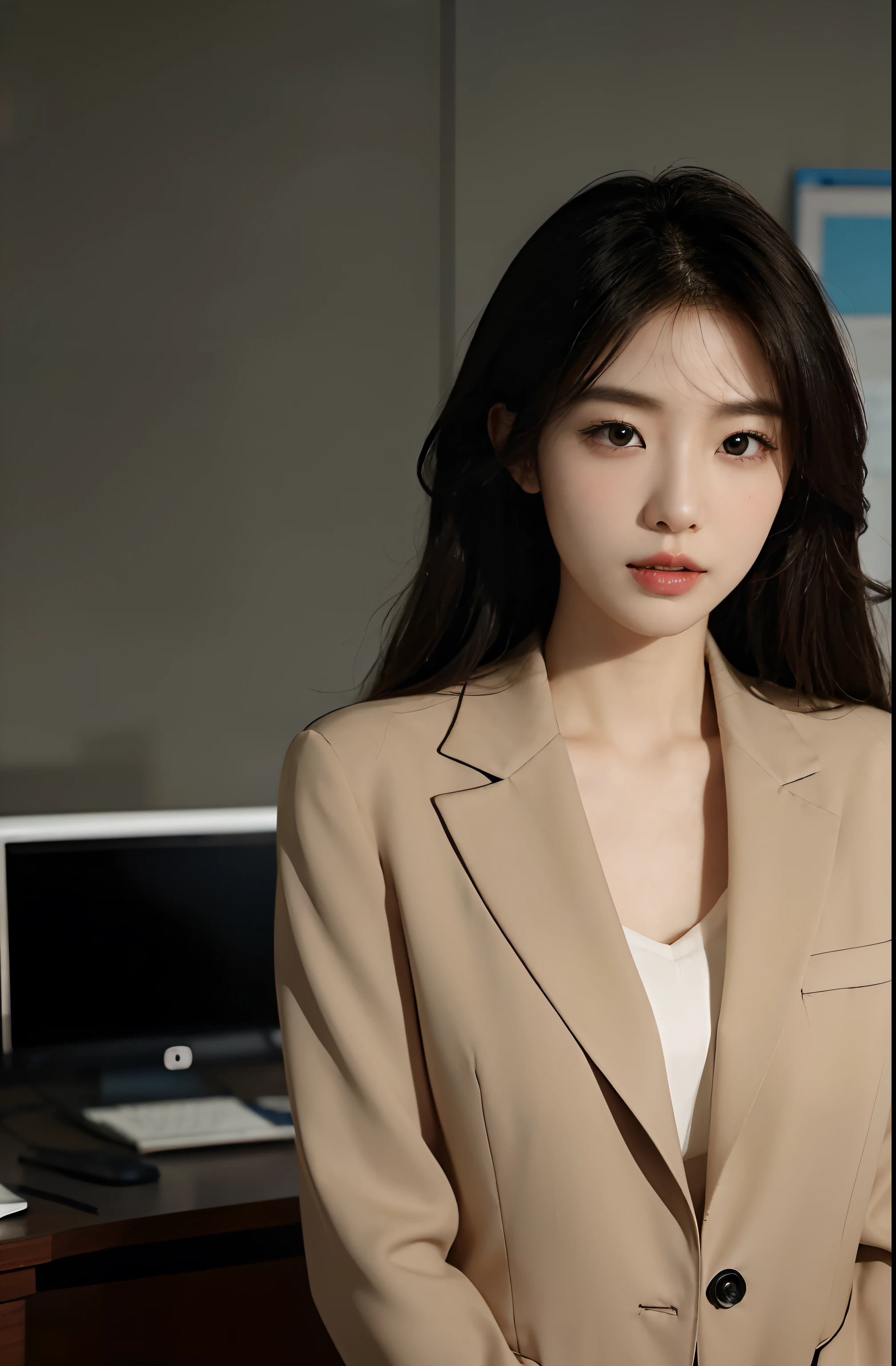 High-res, Realistic portrait of professional korean office lady with perfect skin，Professional suits，Women's suits，stand posture，The upper part of the body，Women in the workplace，Show confidence and maturity, Surrounded by a modern corporate environment, Vibrant and naturally lit highlights. The artwork should emphasize her elegant facial features, Including charming long eyes, Fluttering eyelashes and seductive lips. The scene should be enhanced with elements of professionalism and visual appeal，For example, Stylish work desk, Mainframe computers, High-resolution display, and complex stationery. The overall tone should be warm and professional, Has a soft and natural color palette. The artwork should exude a sense of professionalism, Success, and cultural pride，The background is blurred out