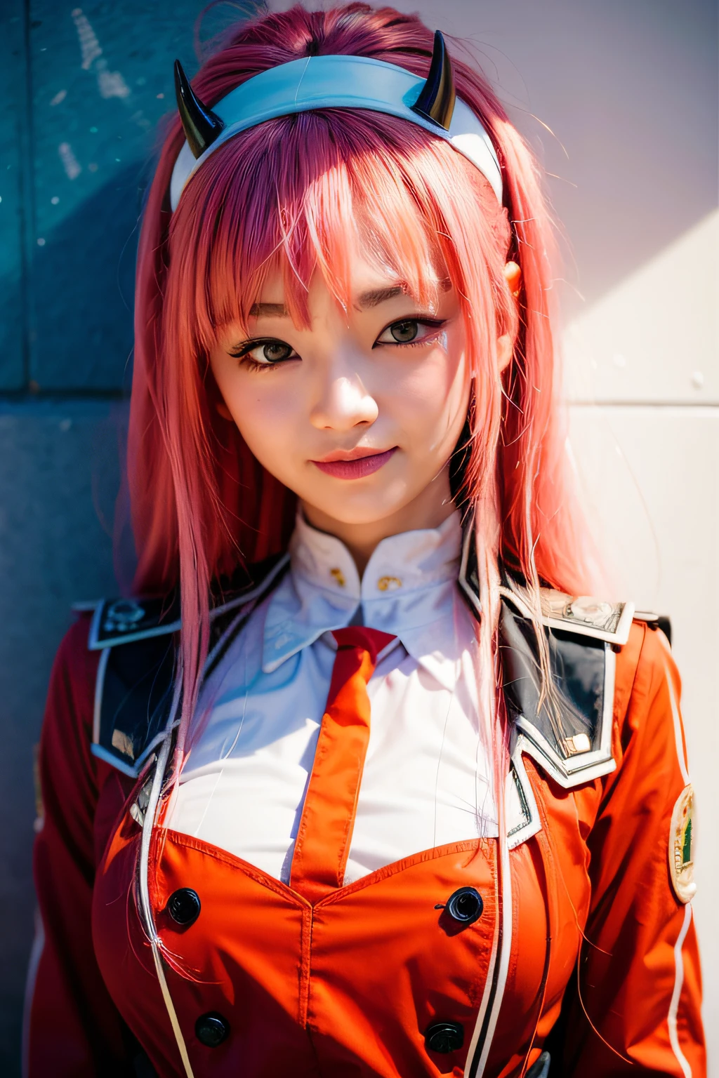 asian girl with pink hair smiling and green eyes in a red uniform with small red devil horns on her white head band, ultra realistic, high quality, detailed face,