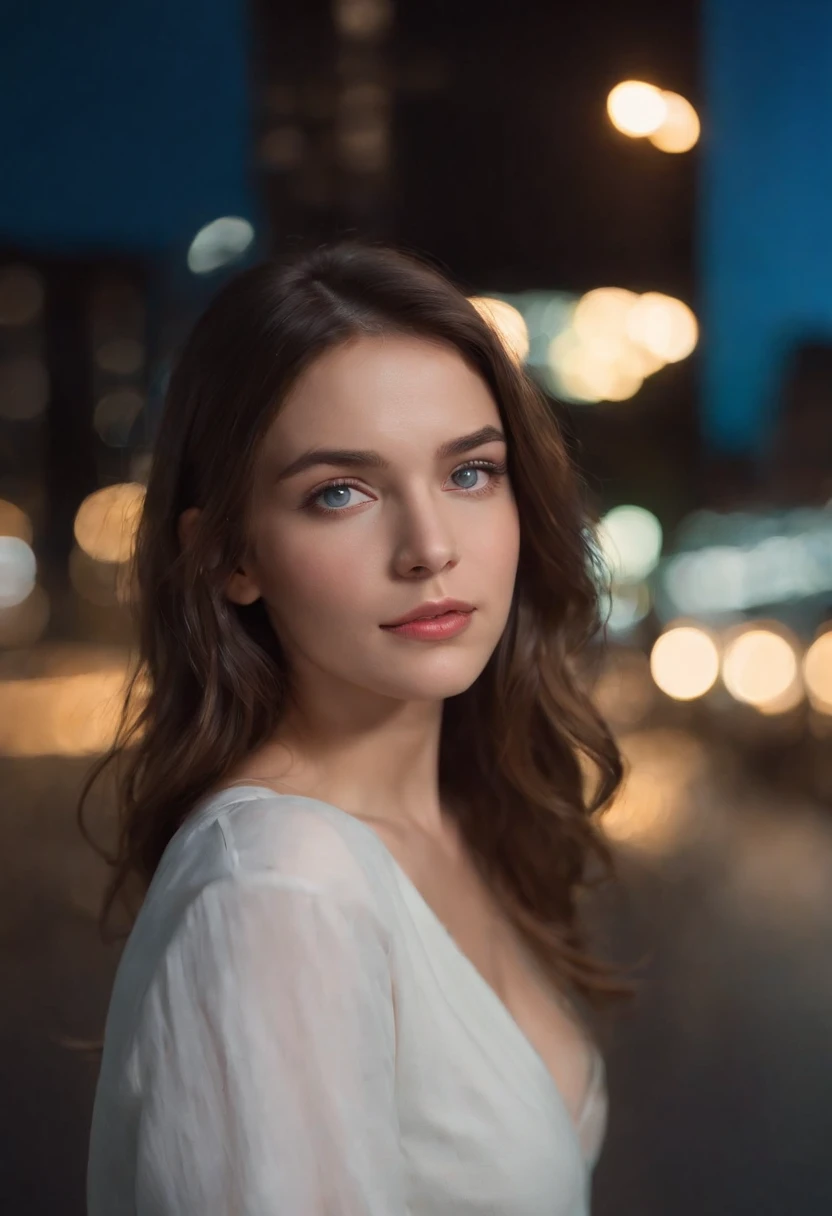A stunning portrait of a girl in a white shirt and blue pants,upper body, Her eyes fill with curiosity, reflecting her curious nature,Put her in a busy urban environment, with city lights illuminating the night,The contrast between her innocence and urban chaos is capturing,Photo taken by Annie Leibovitz with a Canon EOS 5D Mark IV and a 50mm f/1.8 lens, Use neon city lights for dramatic cinematic effect, 8k, ultra-HD, Super-Resolution