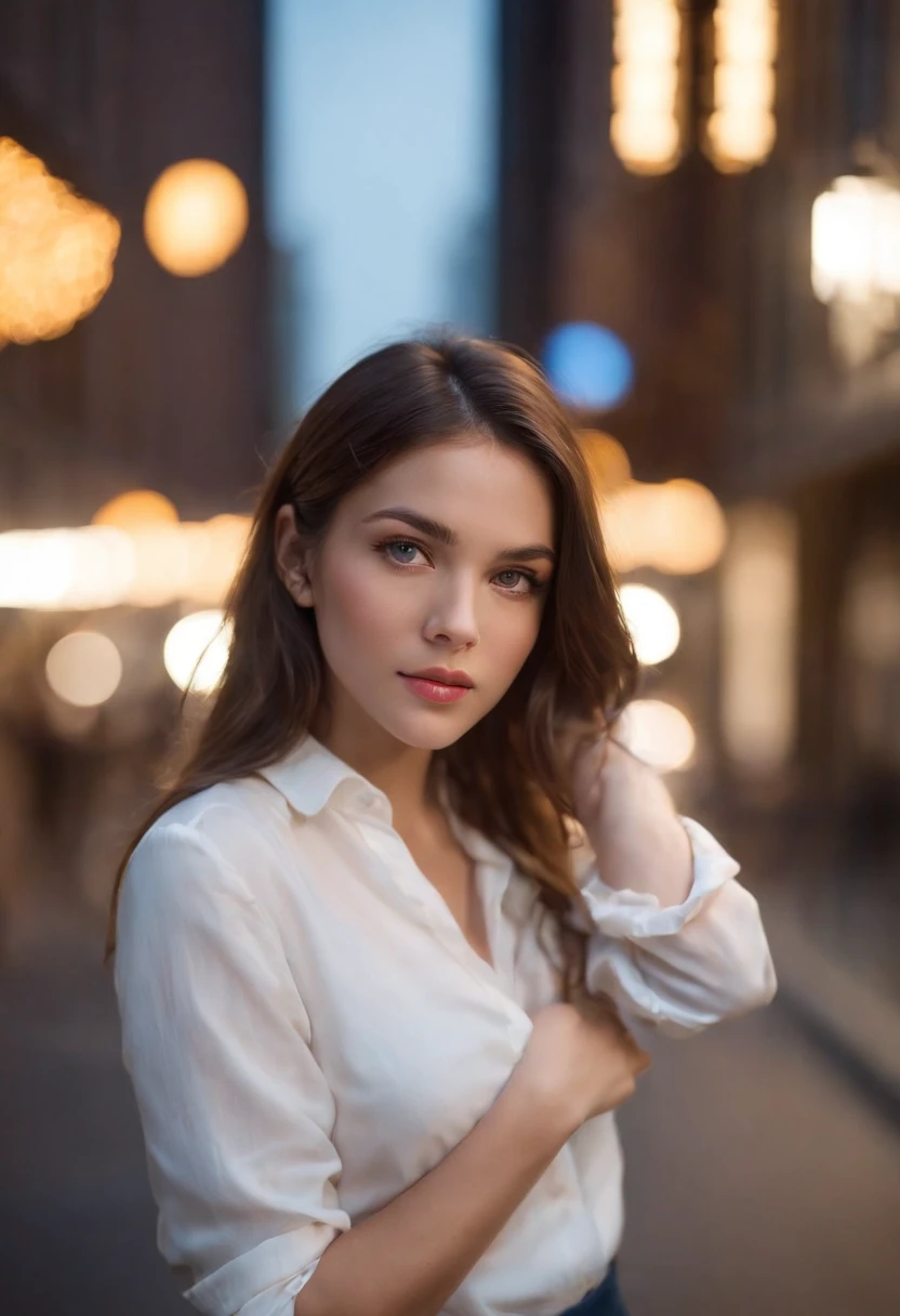 A stunning portrait of a girl in a white shirt and blue pants,upper body, Her eyes fill with curiosity, reflecting her curious nature,Put her in a busy urban environment, with city lights illuminating the night,The contrast between her innocence and urban chaos is capturing,Photo taken by Annie Leibovitz with a Canon EOS 5D Mark IV and a 50mm f/1.8 lens, Use neon city lights for dramatic cinematic effect, 8k, ultra-HD, Super-Resolution